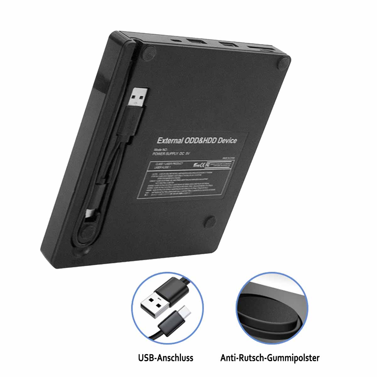 Schwarzes externes ODD- und HDD-Gerät mit USB-Kabel und zwei Detailbildern.
