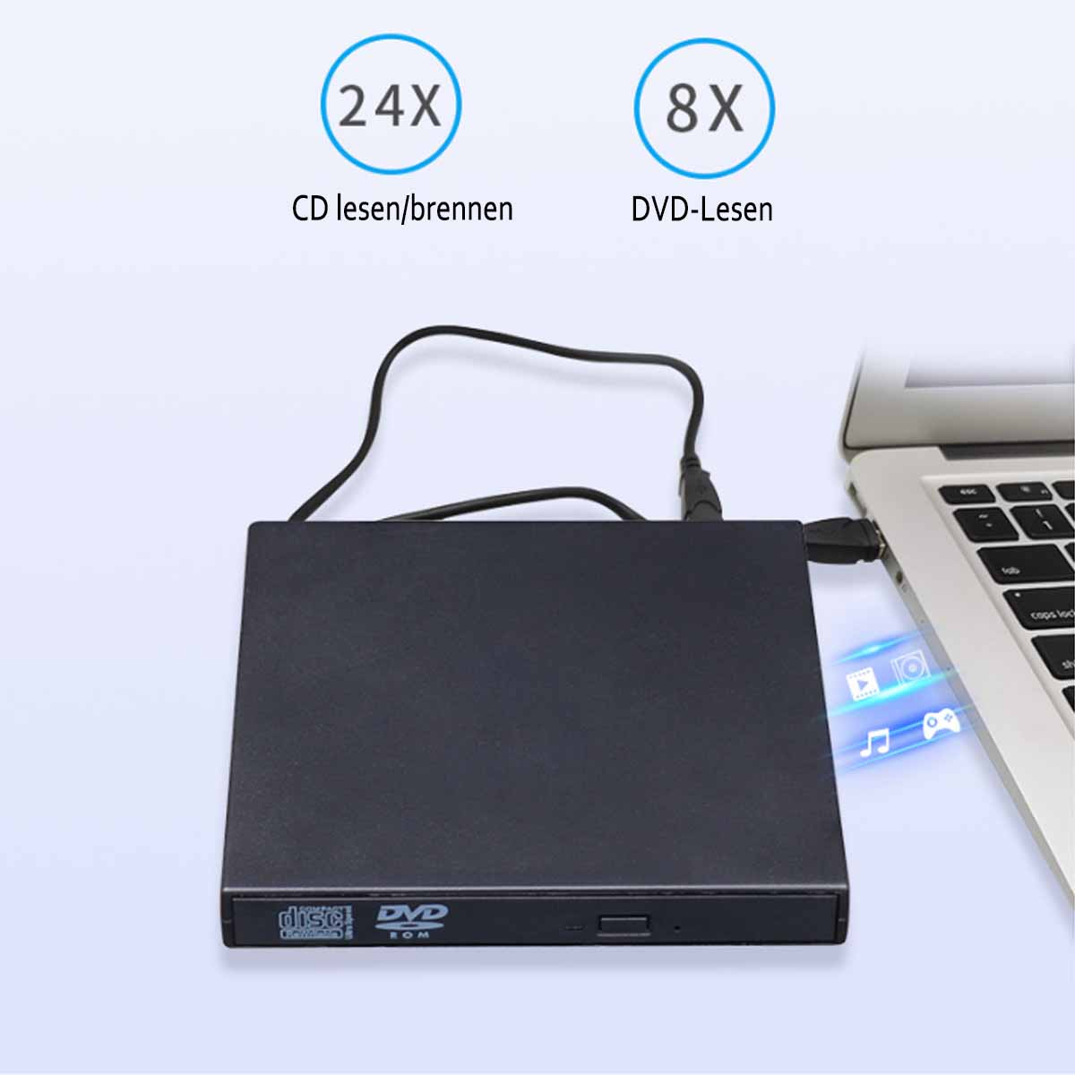 Ein schwarzes externes DVD-Laufwerk, das an einen Laptop angeschlossen ist. Es gibt die Labels: '24X CD lesen/brennen' und '8X DVD-Lesen'.