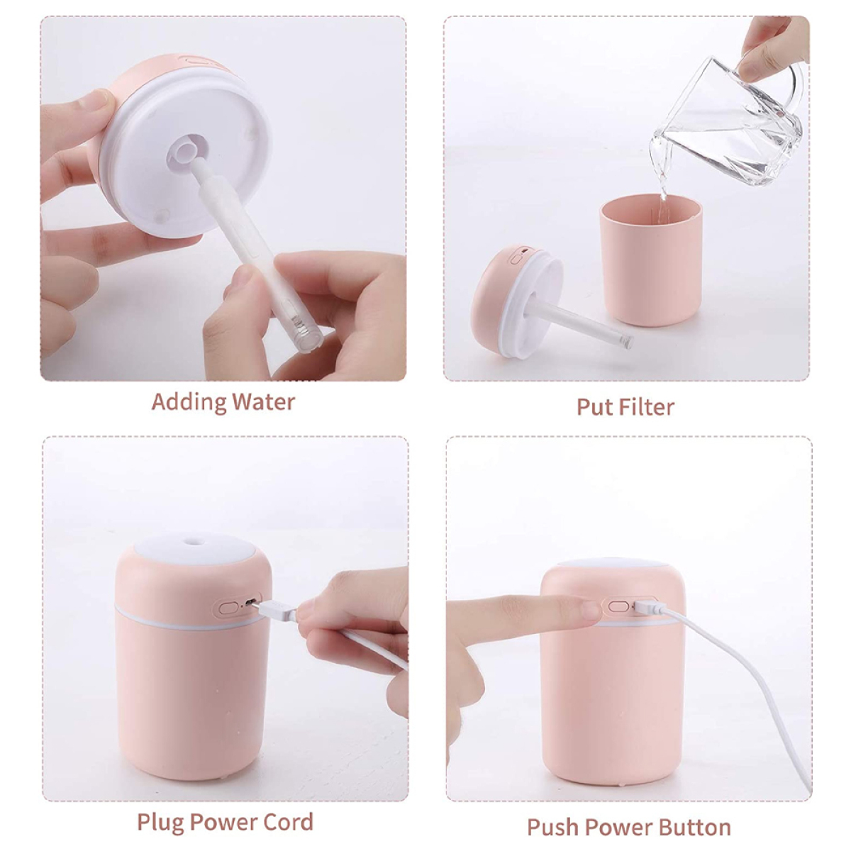 Vier Bilder, die Schritte zur Verwendung eines rosa Luftbefeuchters zeigen. Wasser hinzufügen, Filter einsetzen, einstecken und drücken.