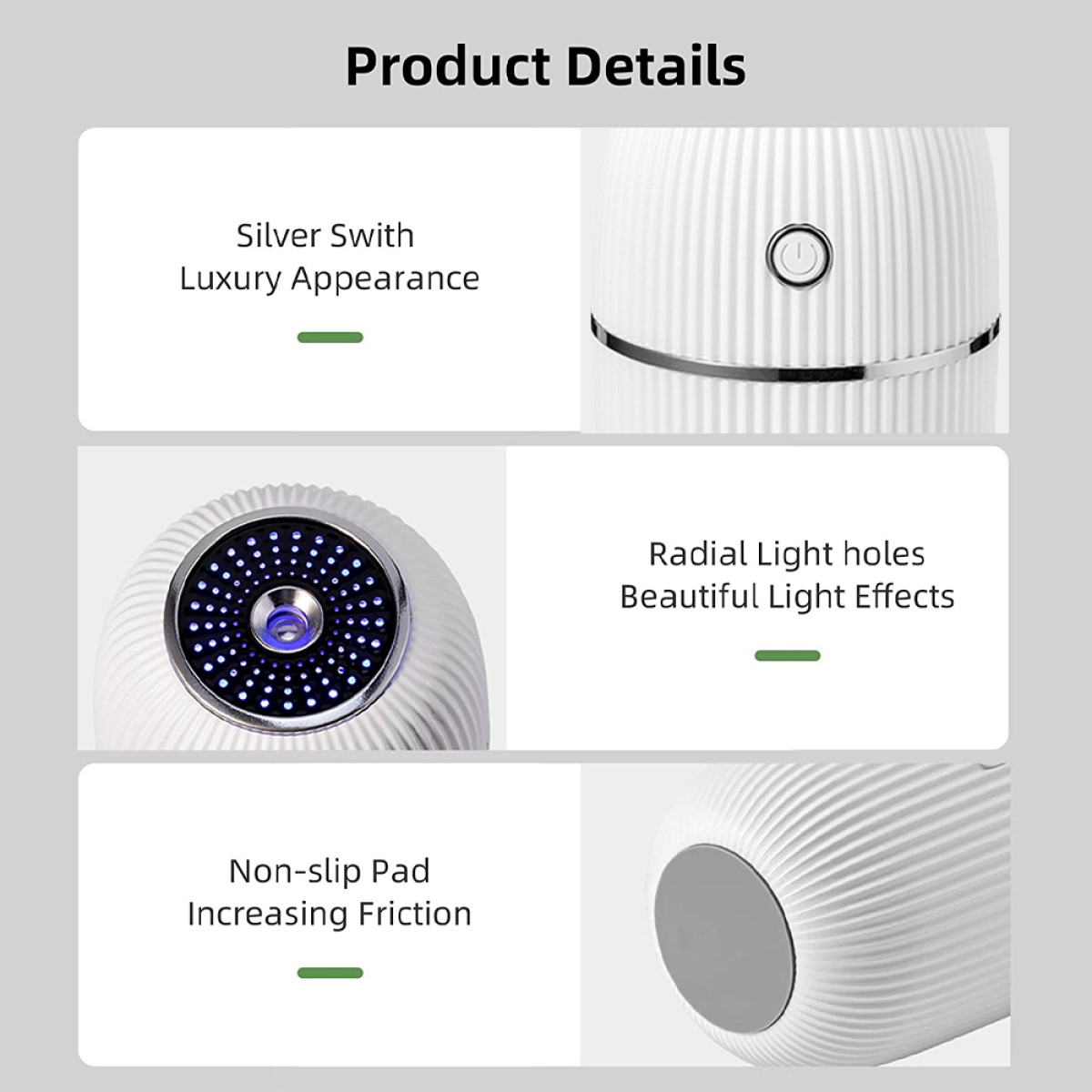 Details zu einem weißen Produkt. Enthält einen silbernen Schalter, radiale Lichtlöcher und ein rutschfestes Pad.