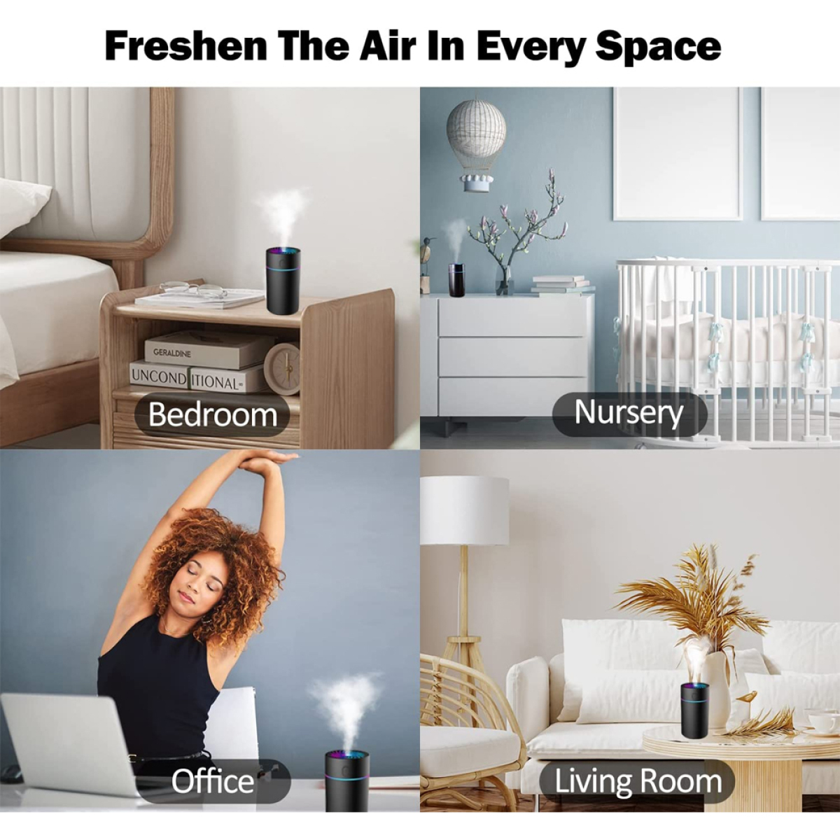 Vier Bilder zeigen einen Diffusor in verschiedenen Räumen: Schlafzimmer, Kinderzimmer, Büro und Wohnzimmer.