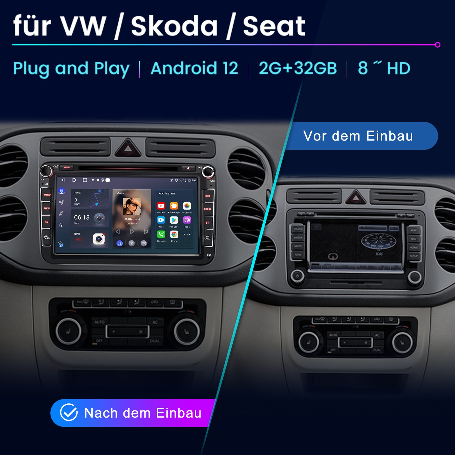 Autoradio-Bildschirm, vor und nach der Installation, zeigt UI. Verfügt über Android 12, 2G+32GB und 8" HD.
