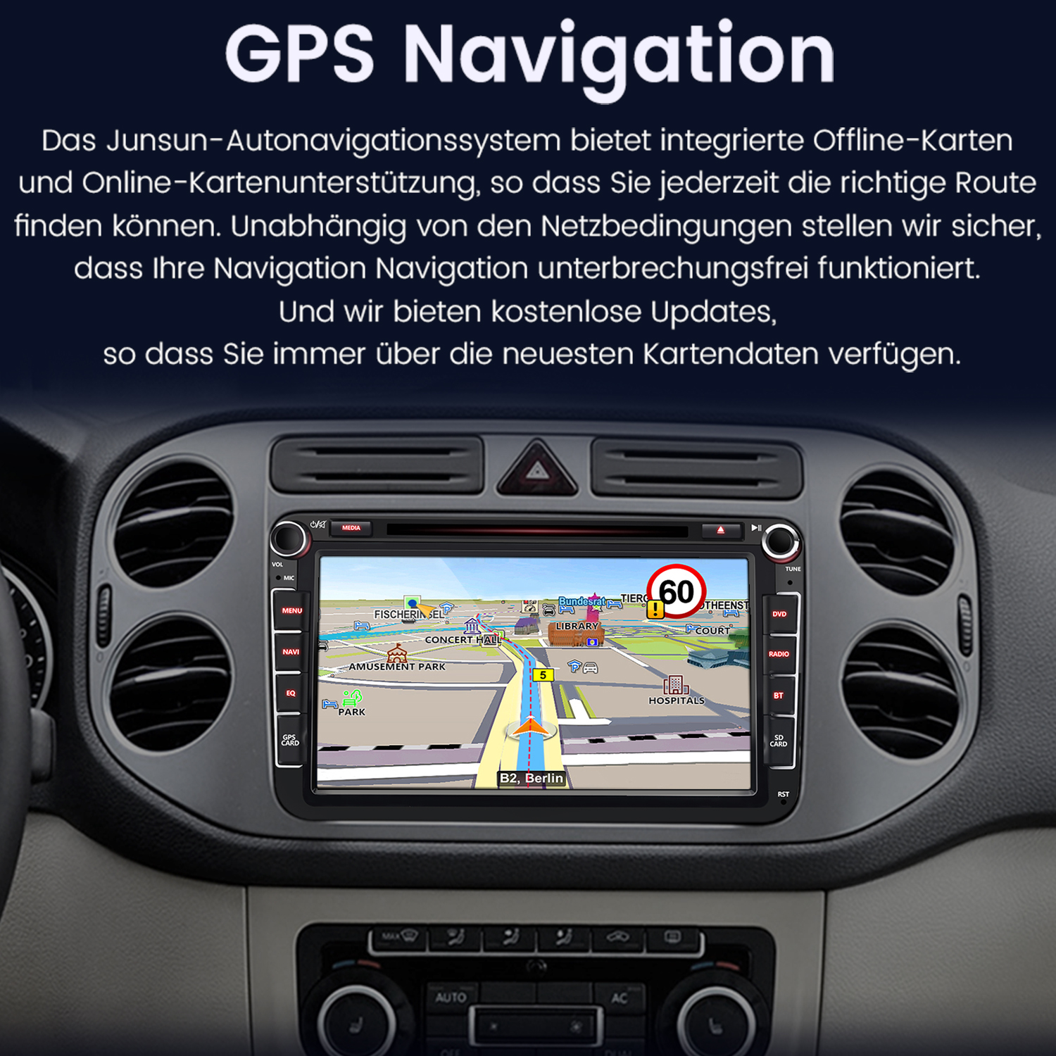 Ein Armaturenbrett eines Autos mit einem GPS-Navigationsbildschirm, der eine Karte mit Routen- und Geschwindigkeitsdetails zeigt. Text auf Deutsch.