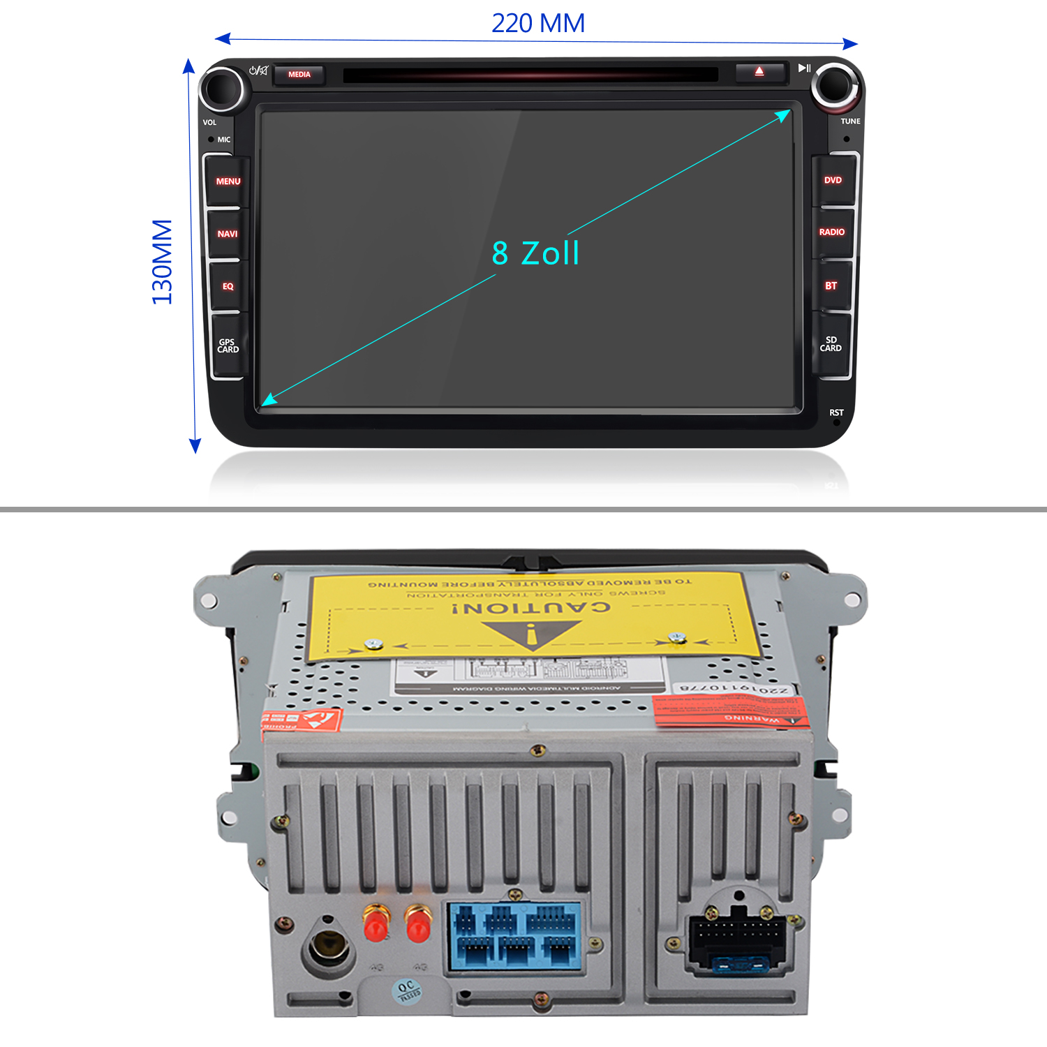 Autoradio mit Bildschirm und Knöpfen. Zeigt Abmessungen von 220mm x 130mm und 8 Zoll.