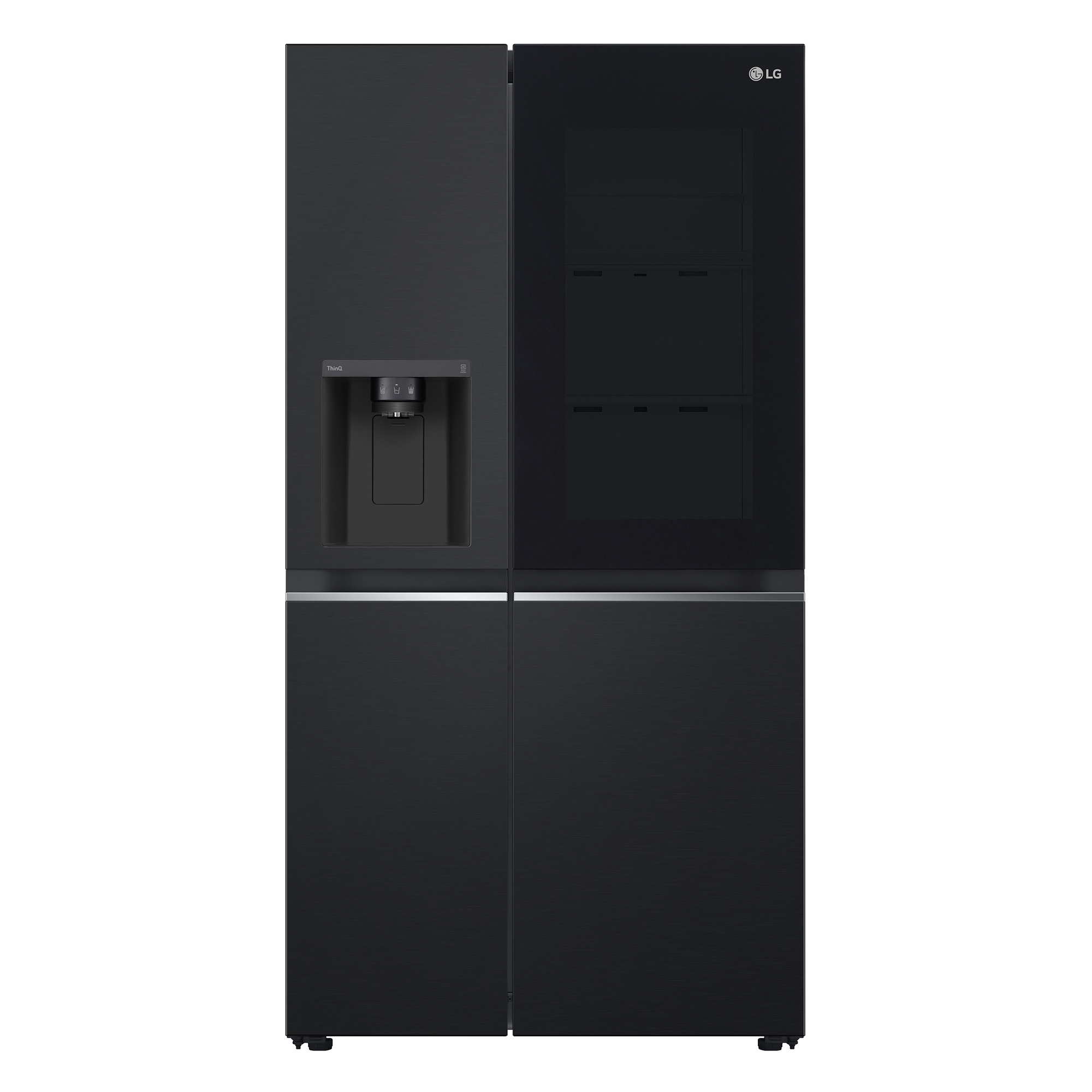 Ein schwarzer LG Side-by-Side-Kühlschrank mit Wasserspender.
