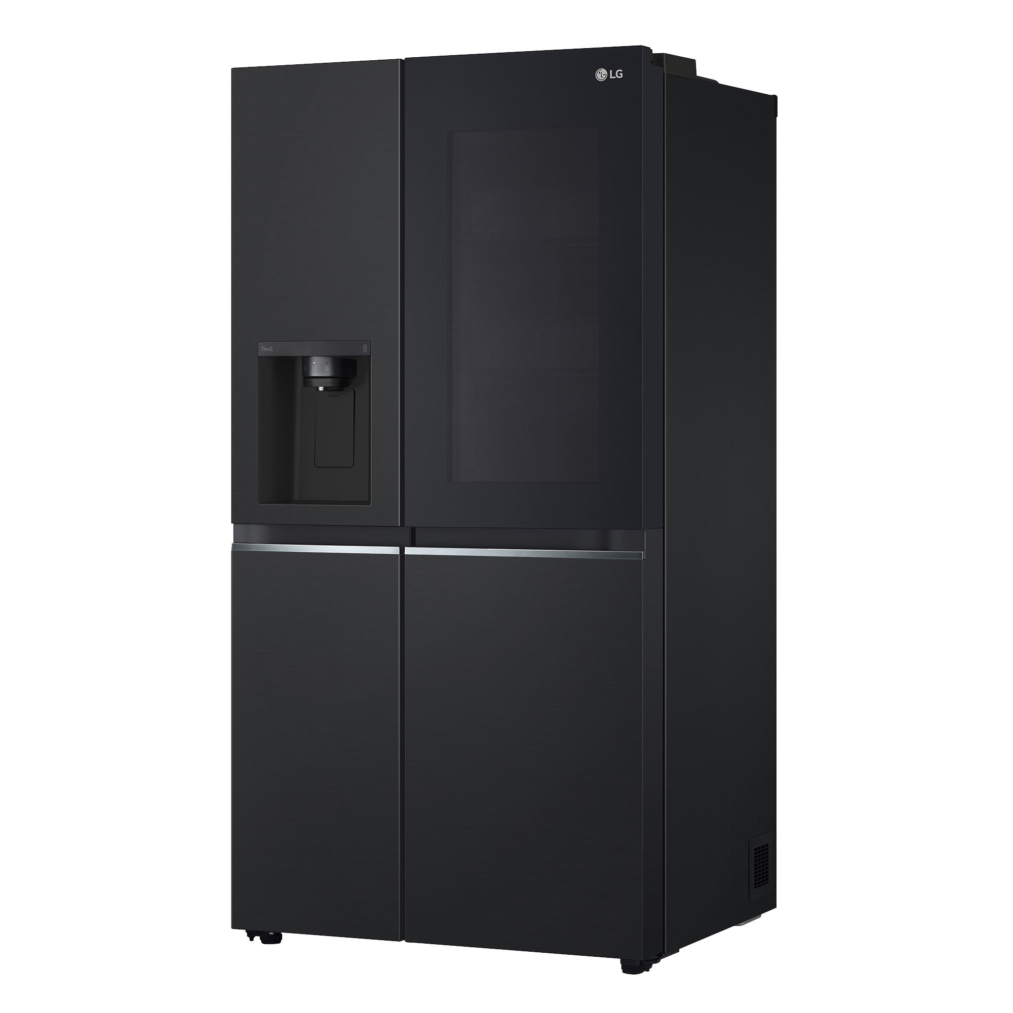 Czarna lodówka LG, cztery drzwi. Lodówka ma dozownik wody i szklane drzwi.