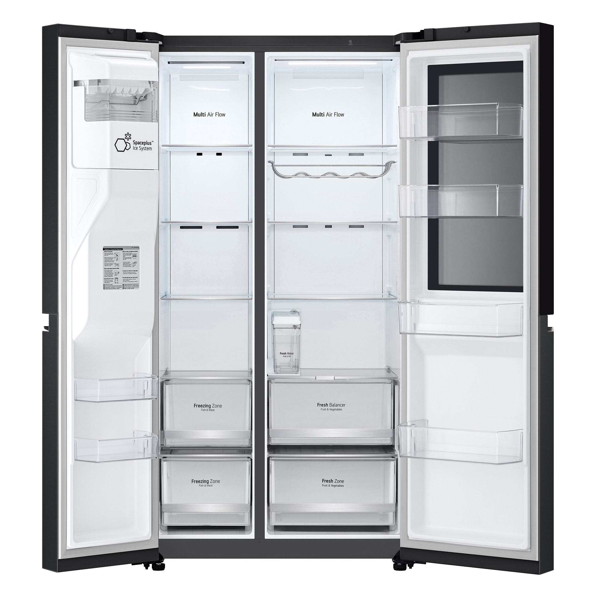 Czarna lodówka LG z otwartymi drzwiami, pokazująca półki i szuflady.