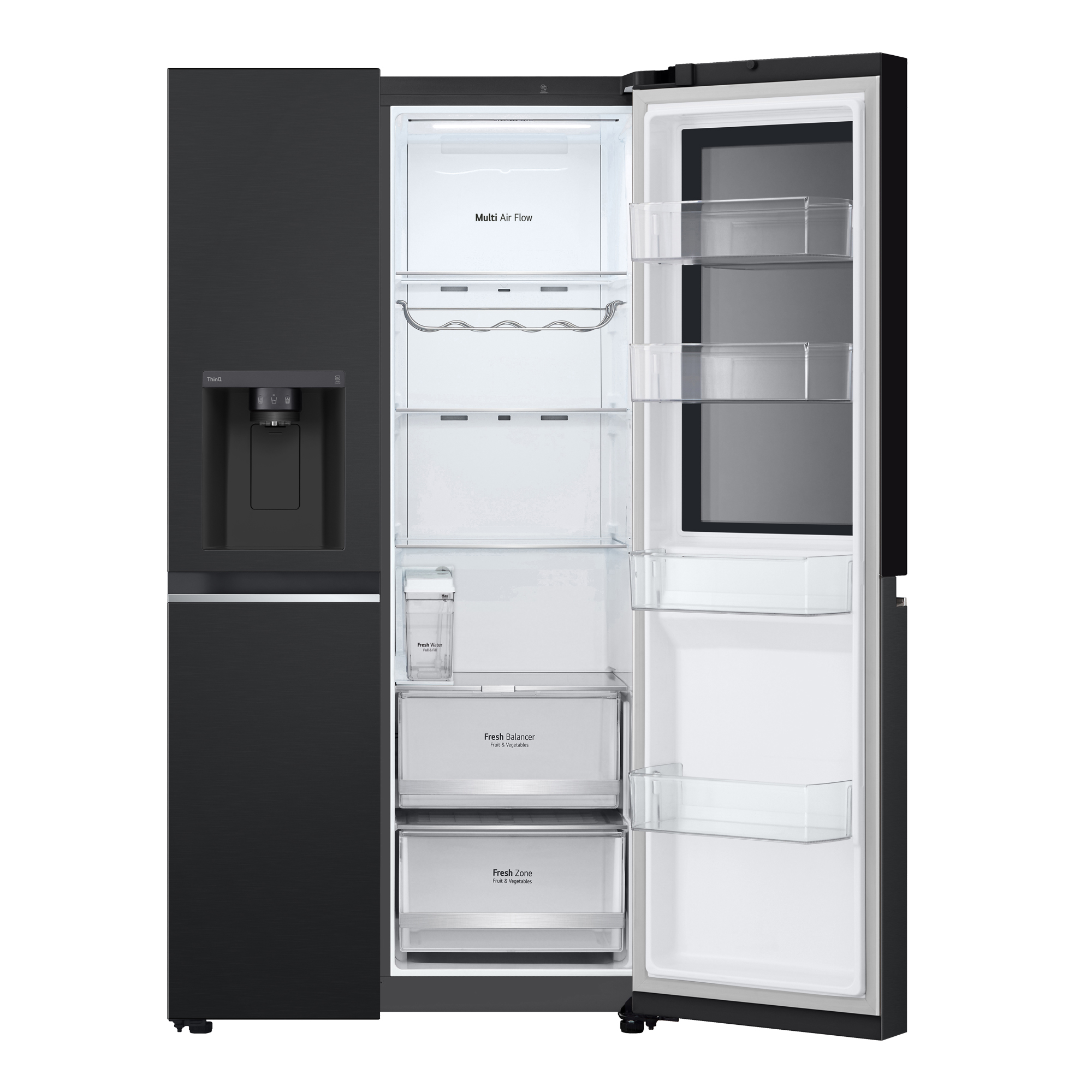 Czarna lodówka LG z otwartymi drzwiami. Widoczne liczne przegrody i półki.