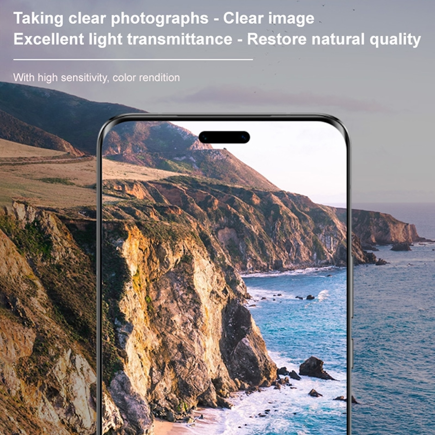 Schermo di smartphone che mostra un paesaggio costiero e testo.