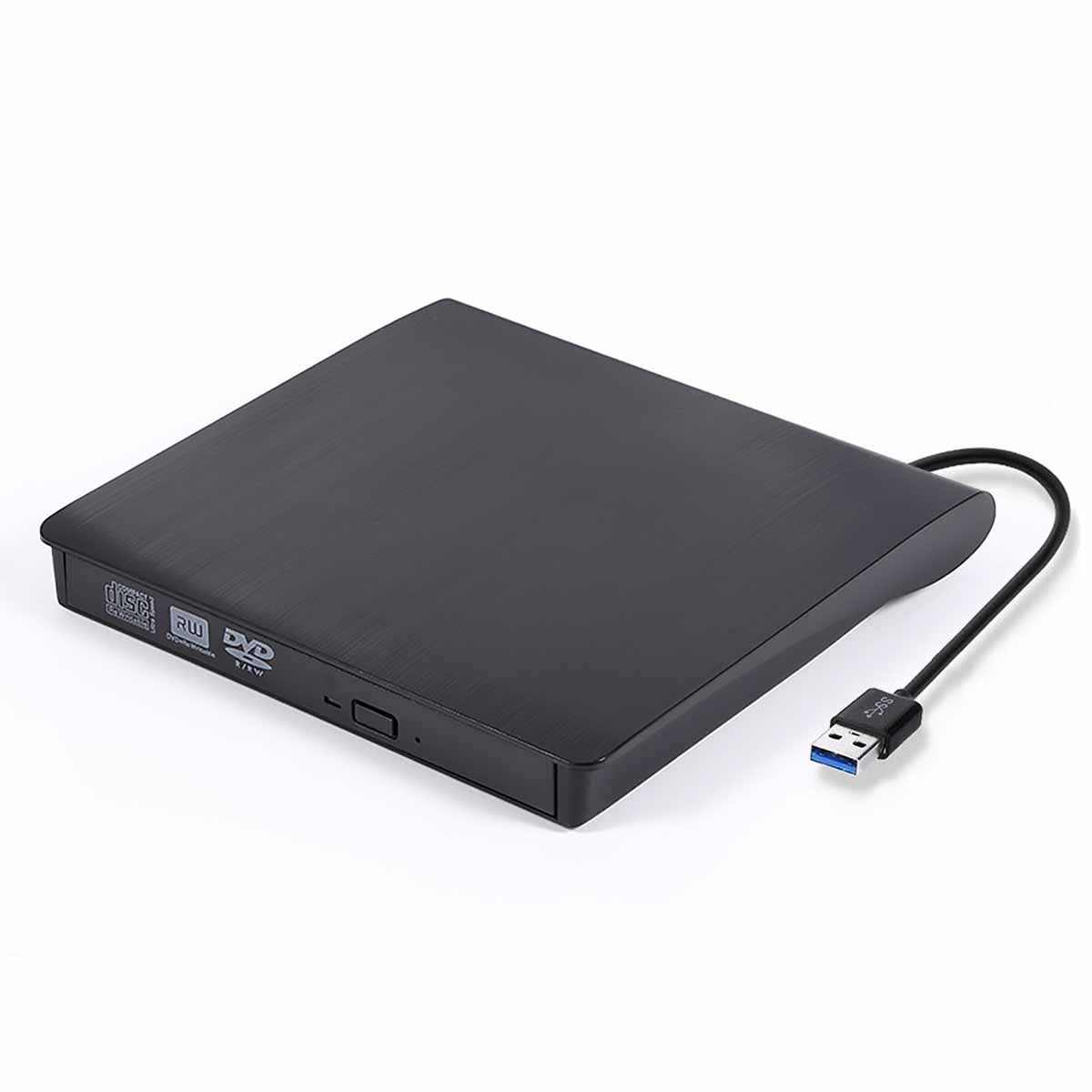 Schwarzes DVD/CD-Laufwerk mit USB-Kabel auf weißem Grund.
