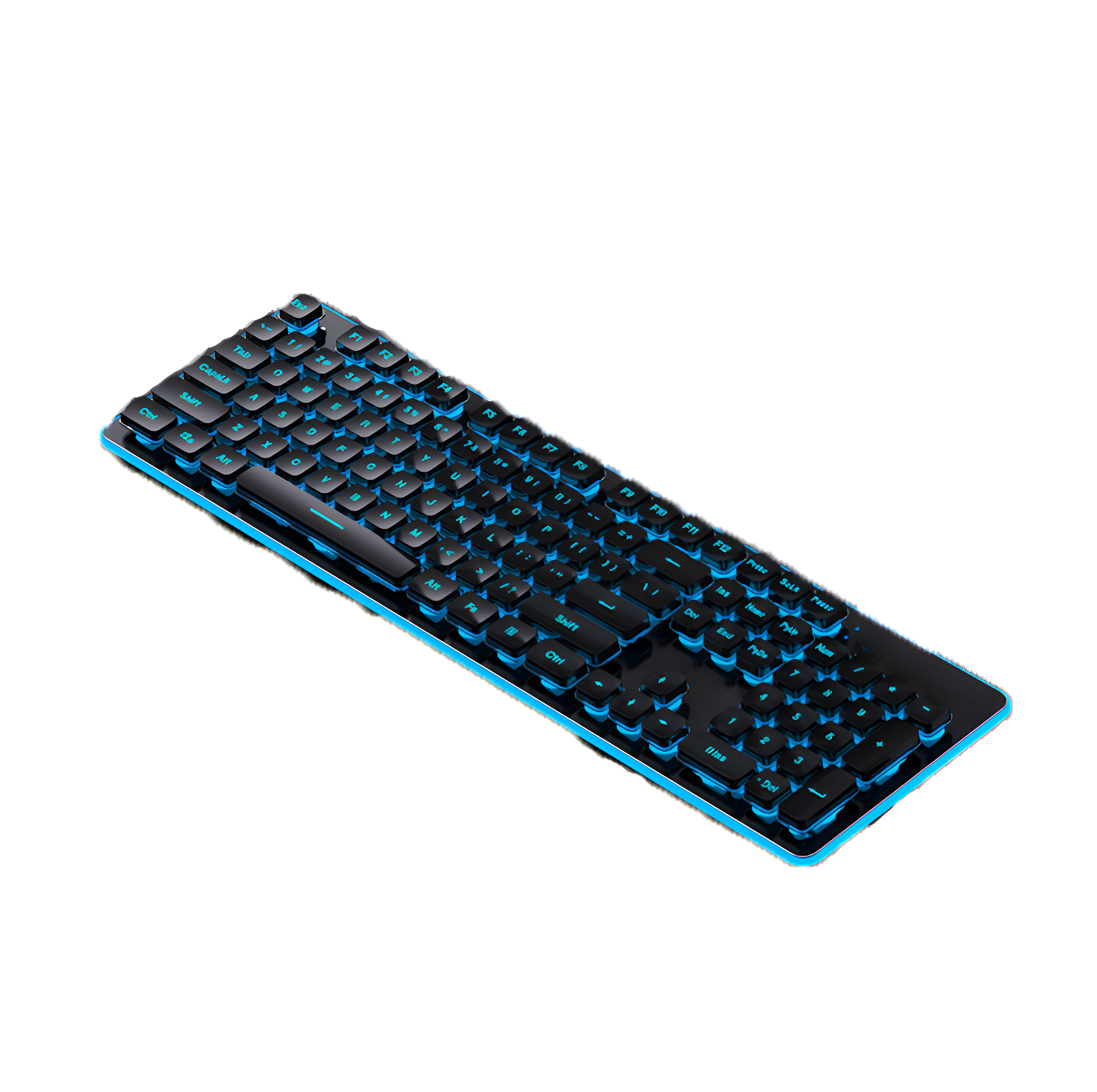 Schwarze, kabellose Tastatur mit blau beleuchteten Tasten. Auf weißem Untergrund.