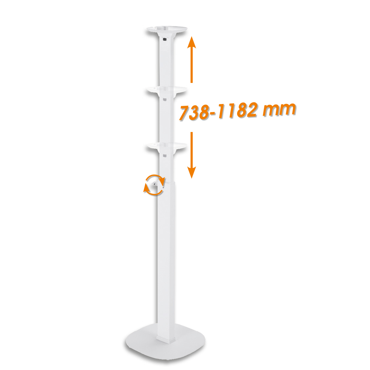 Weißer, verstellbarer Ständer. Pfeile zeigen Höhenverstellung. Maße: 738-1182 mm.