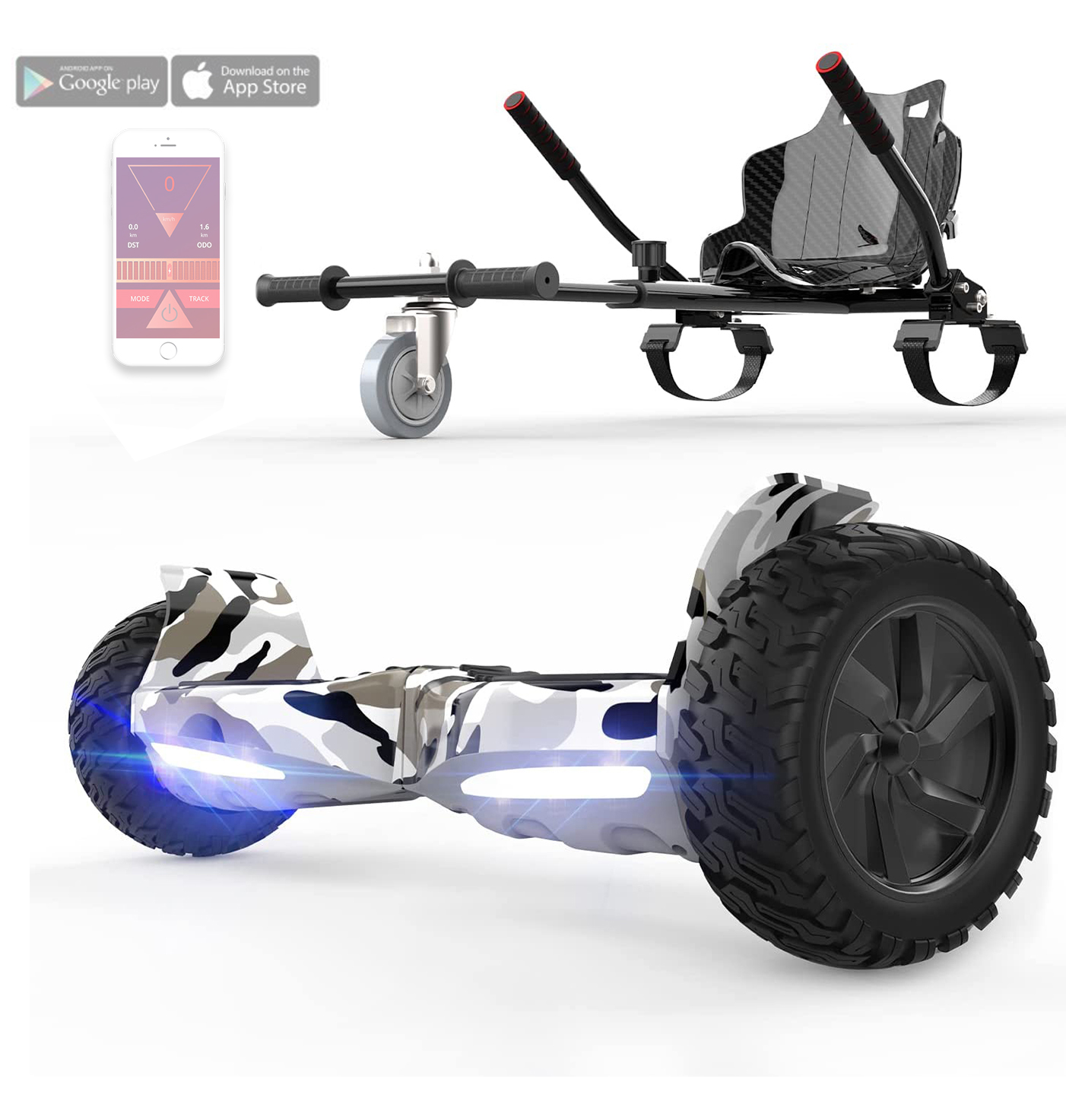 Hoverboard mit Tarnmuster und Sitz. Ein Telefon zeigt die App-Oberfläche. Weißer Hintergrund.