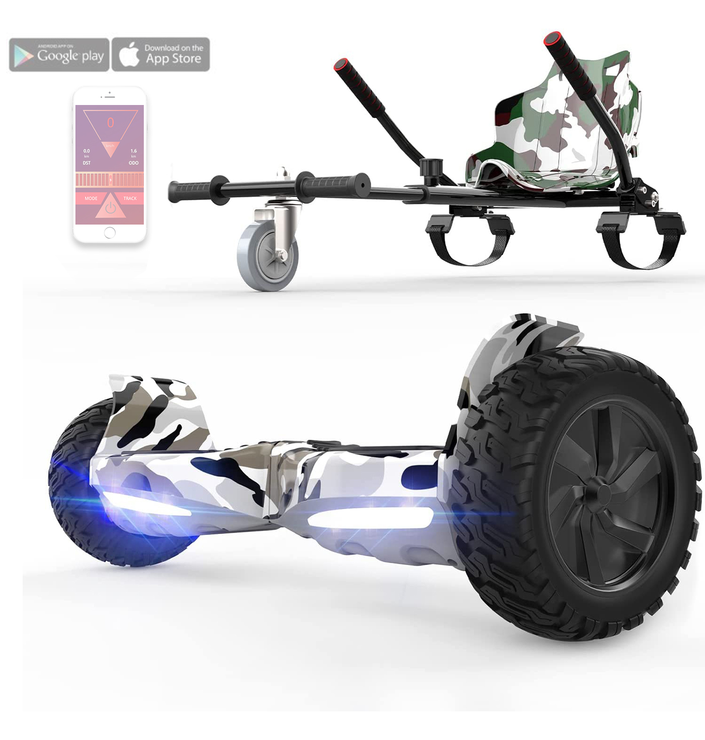 Hoverboard mit Sitz, getarnt, und Telefon mit App-Oberfläche.