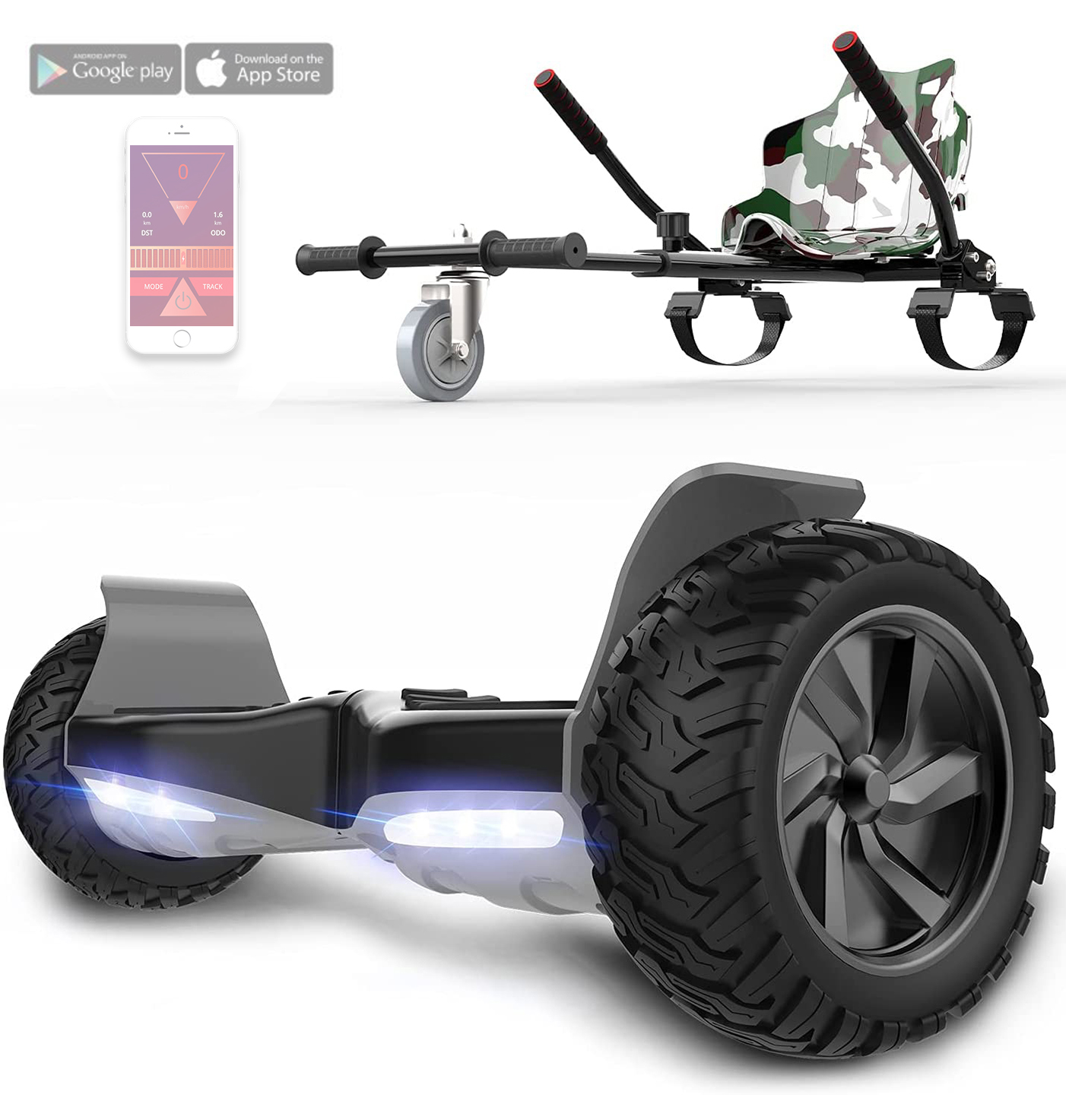 Un hoverboard y un asiento, con un teléfono que muestra la interfaz de la aplicación.