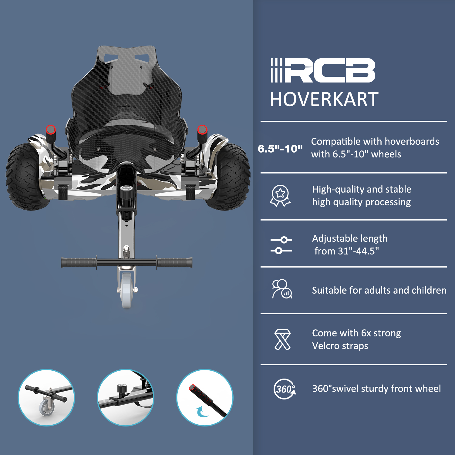 Hoverkart mit Details zu Rädern, einem Griff und Text über seine Eigenschaften.