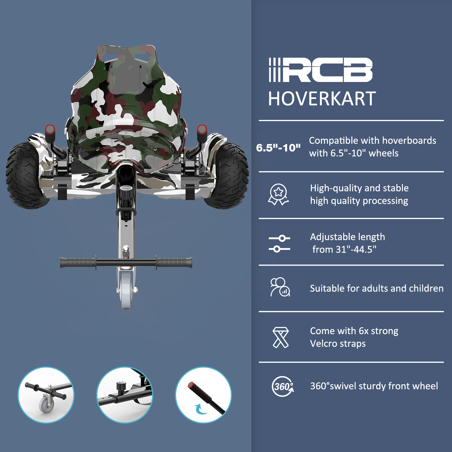 Hoverkart mit Tarnsitz. Räder, Lenker und Informationen zum Produkt.