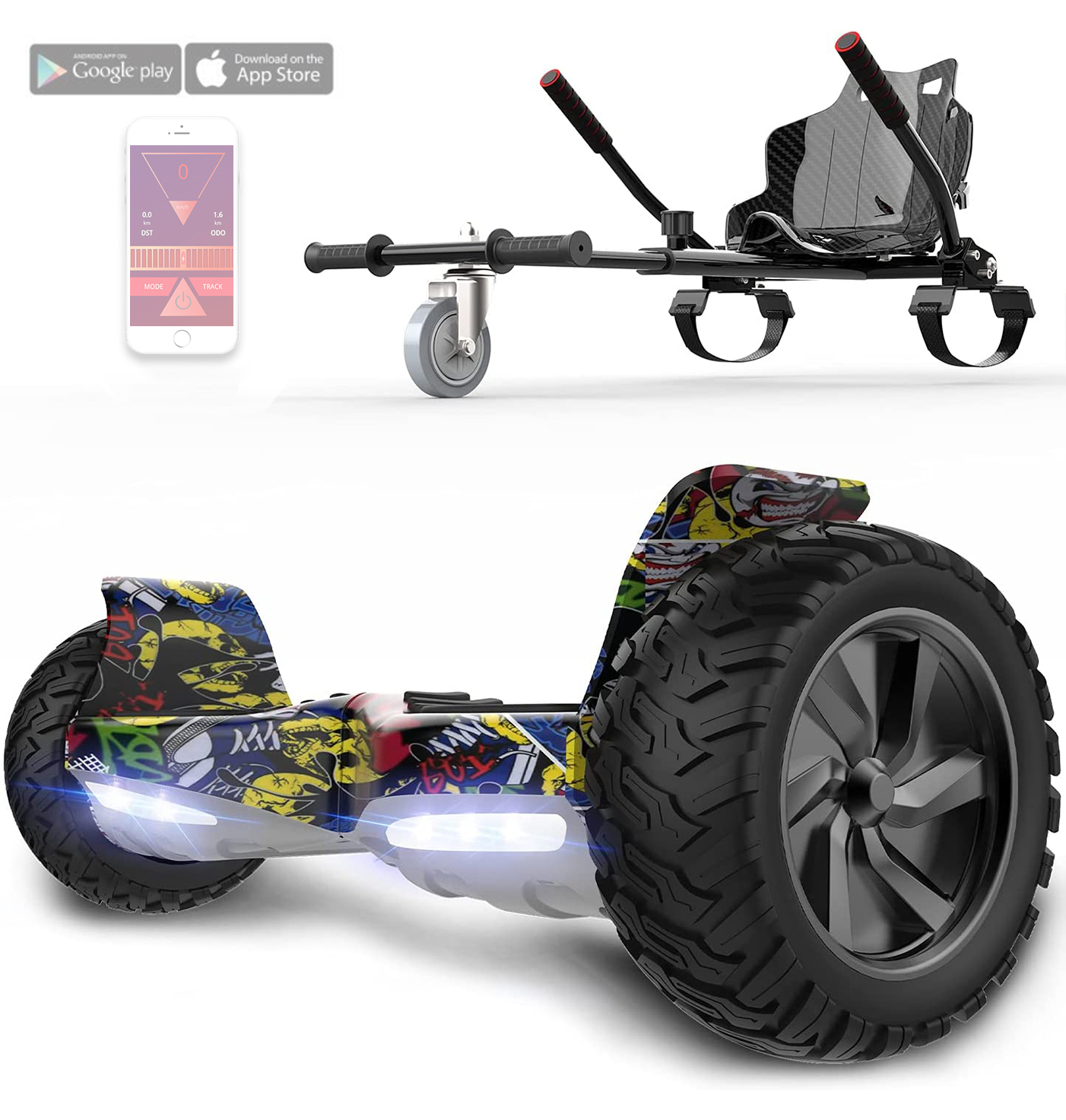 Ein Hoverboard mit Sitzbefestigung. Ein Smartphone zeigt die App. Das Hoverboard hat bunte Lichter.