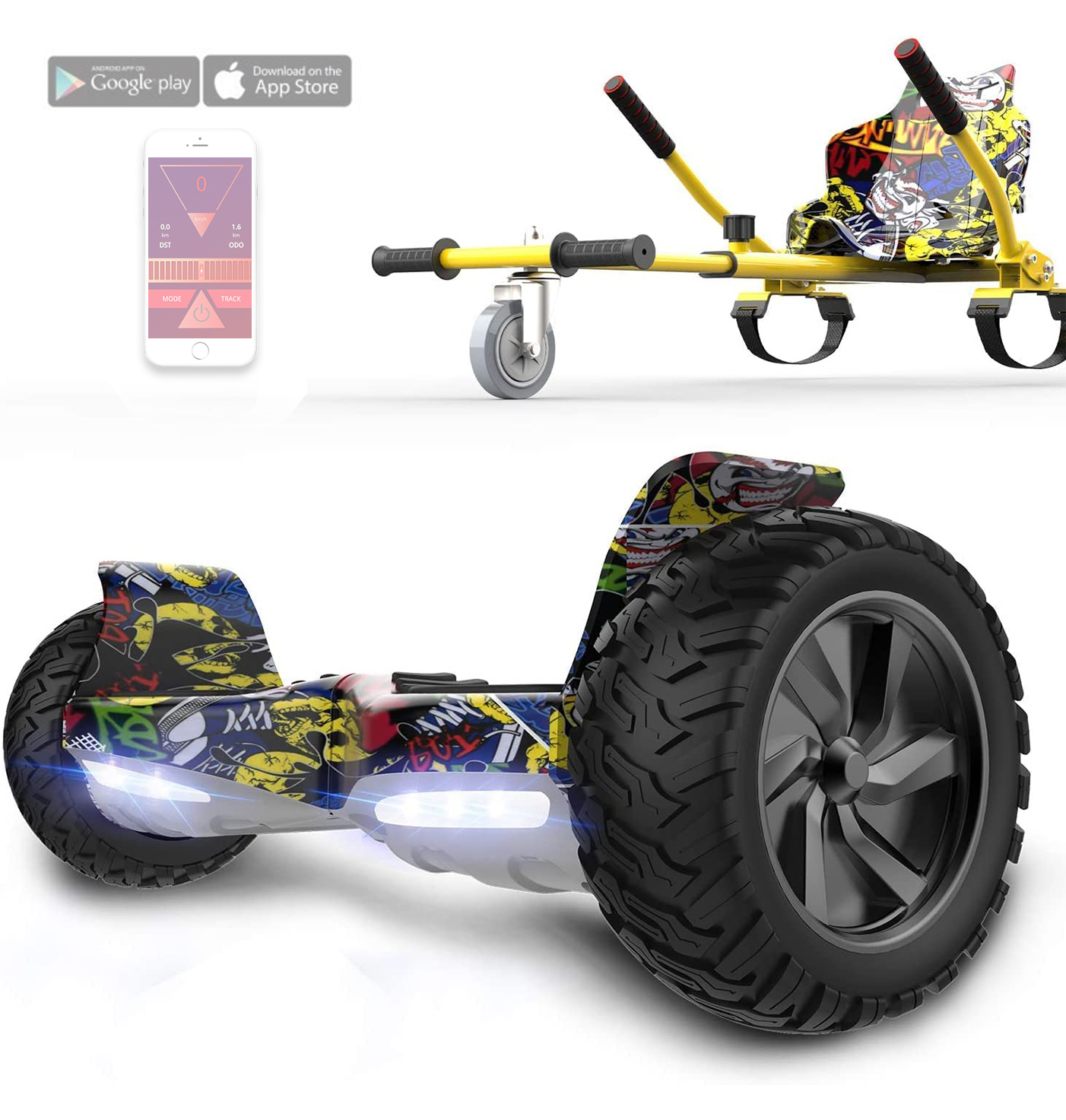 Ein gelbes Hoverboard mit schwarzem Rad. Eine mobile App wird daneben gezeigt. Das Board ist dekoriert.