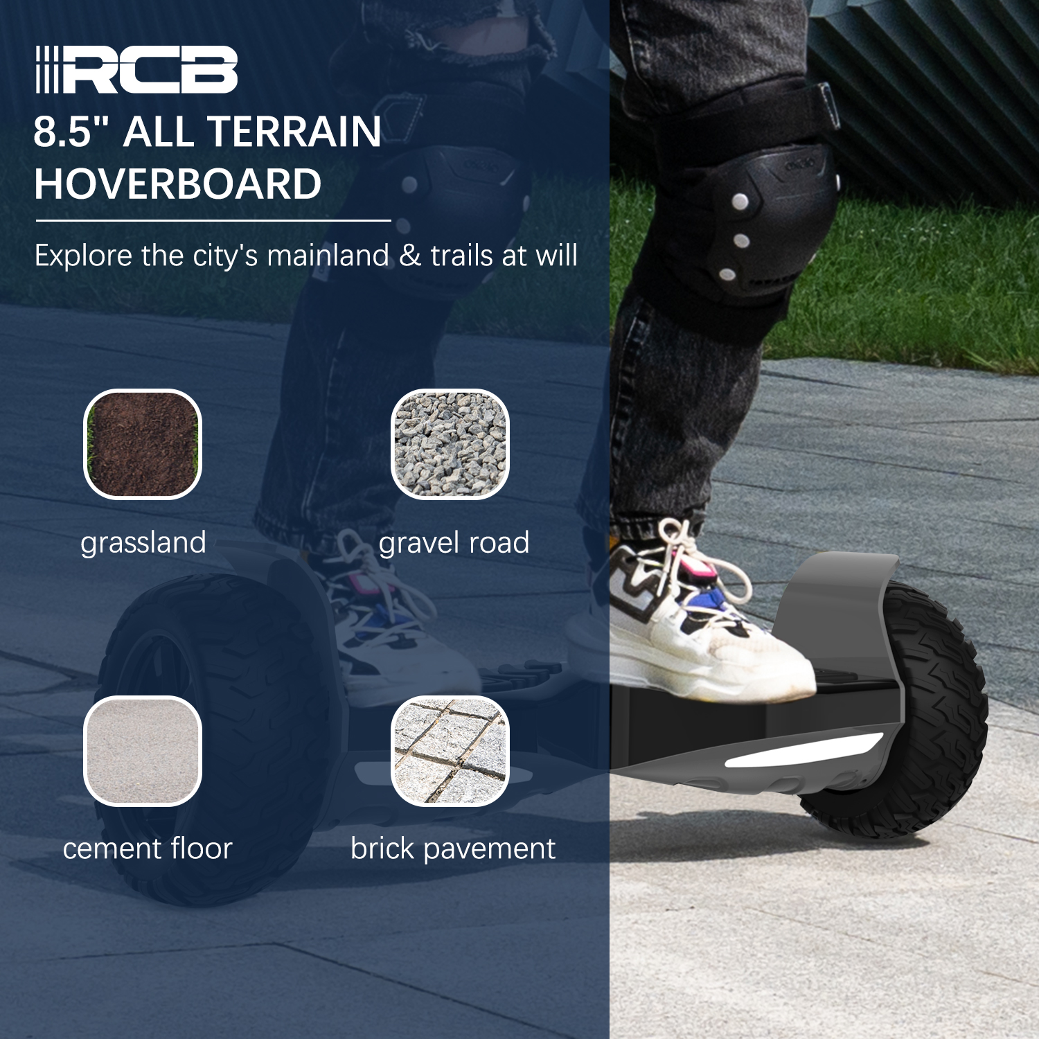 Persona en un hoverboard sobre varias superficies: hierba, grava, cemento y ladrillo.