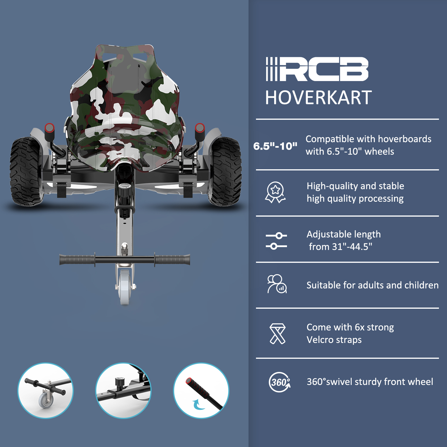 Un hoverkart con asiento de camuflaje, ruedas negras y marco plateado. El texto proporciona especificaciones y características.