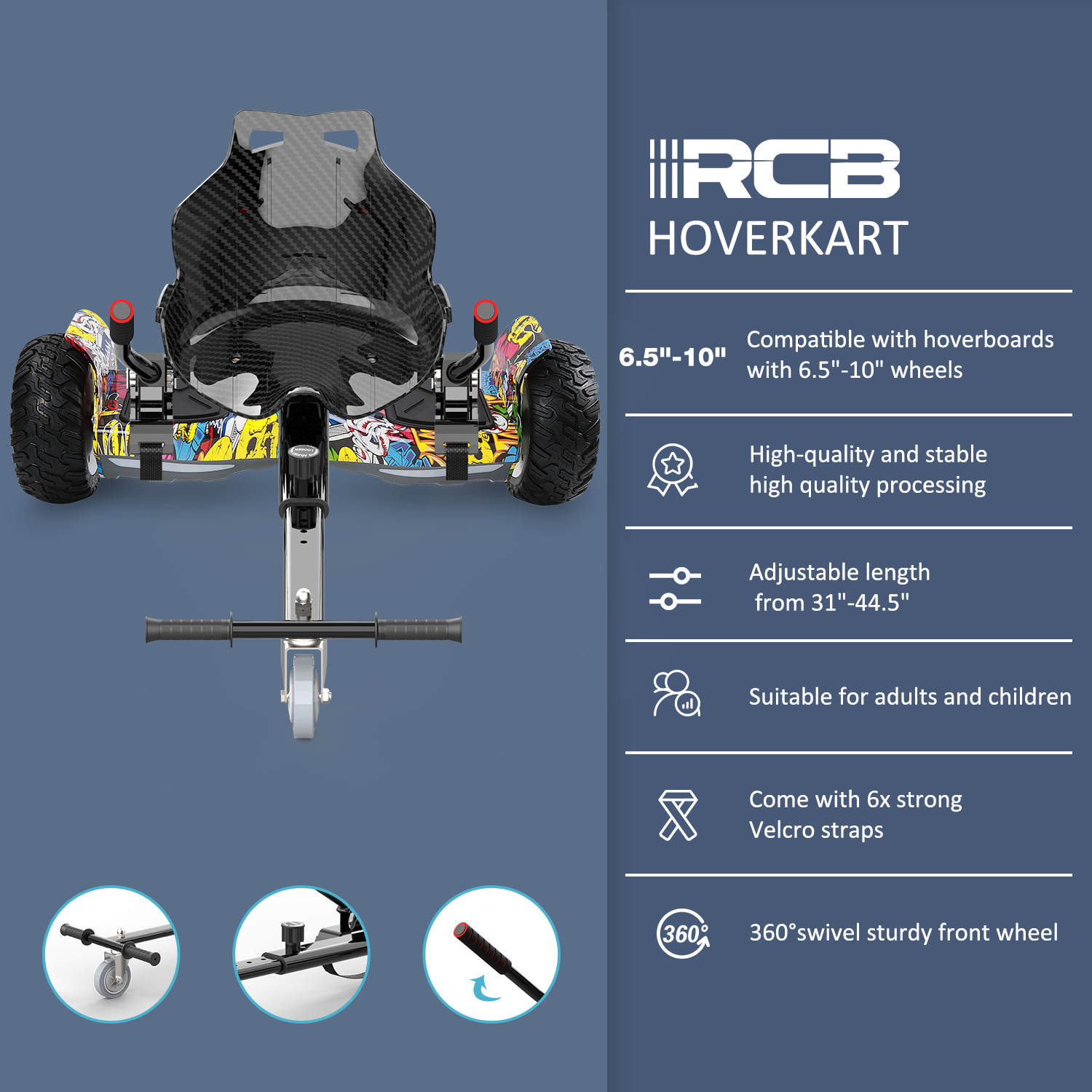 Hoverkart mit schwarzem Sitz und bunten Rädern. Text rechts bietet Funktionen.