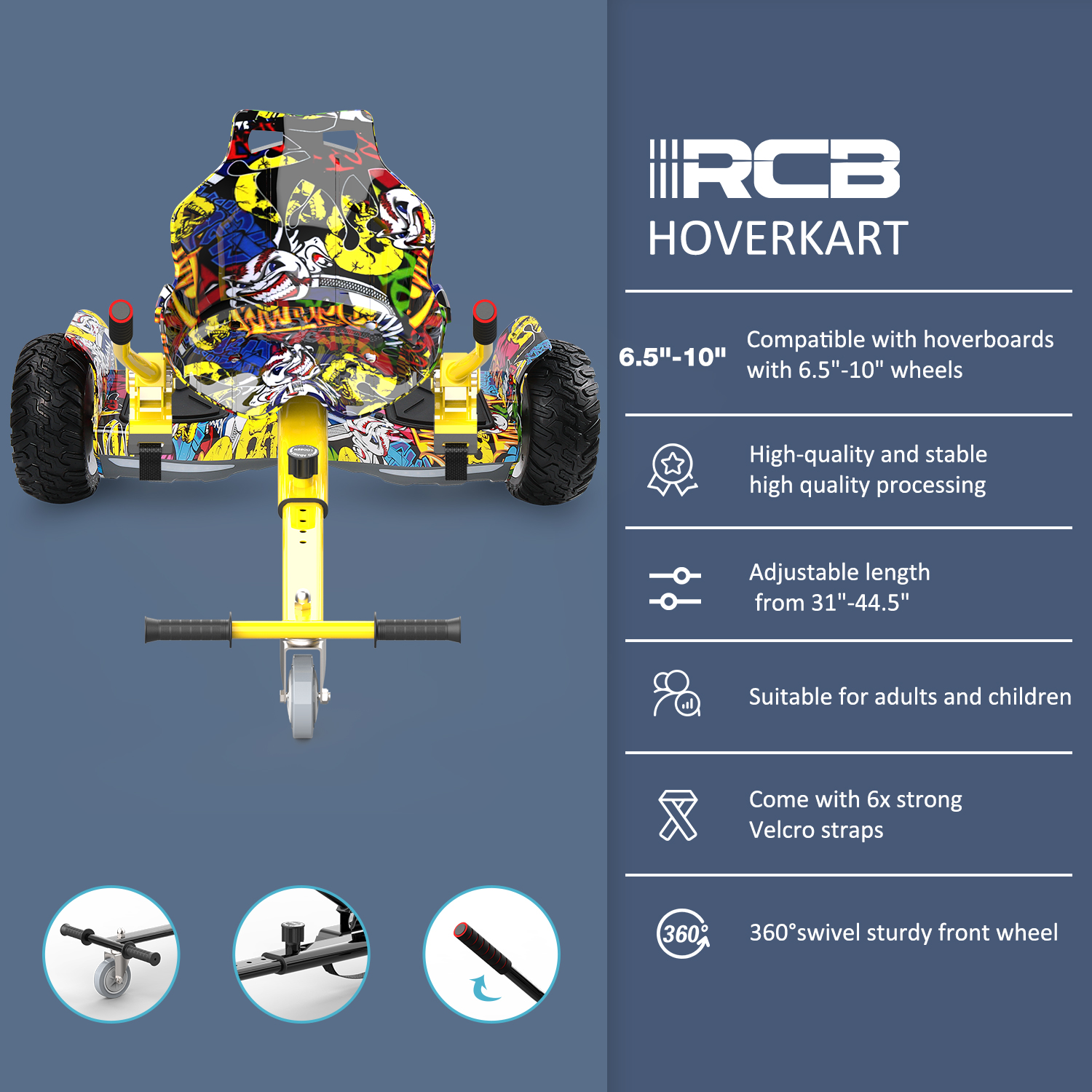 Hoverkart mit gelbem Rahmen und Graffiti-Design. Merkmale und Abmessungen gezeigt.