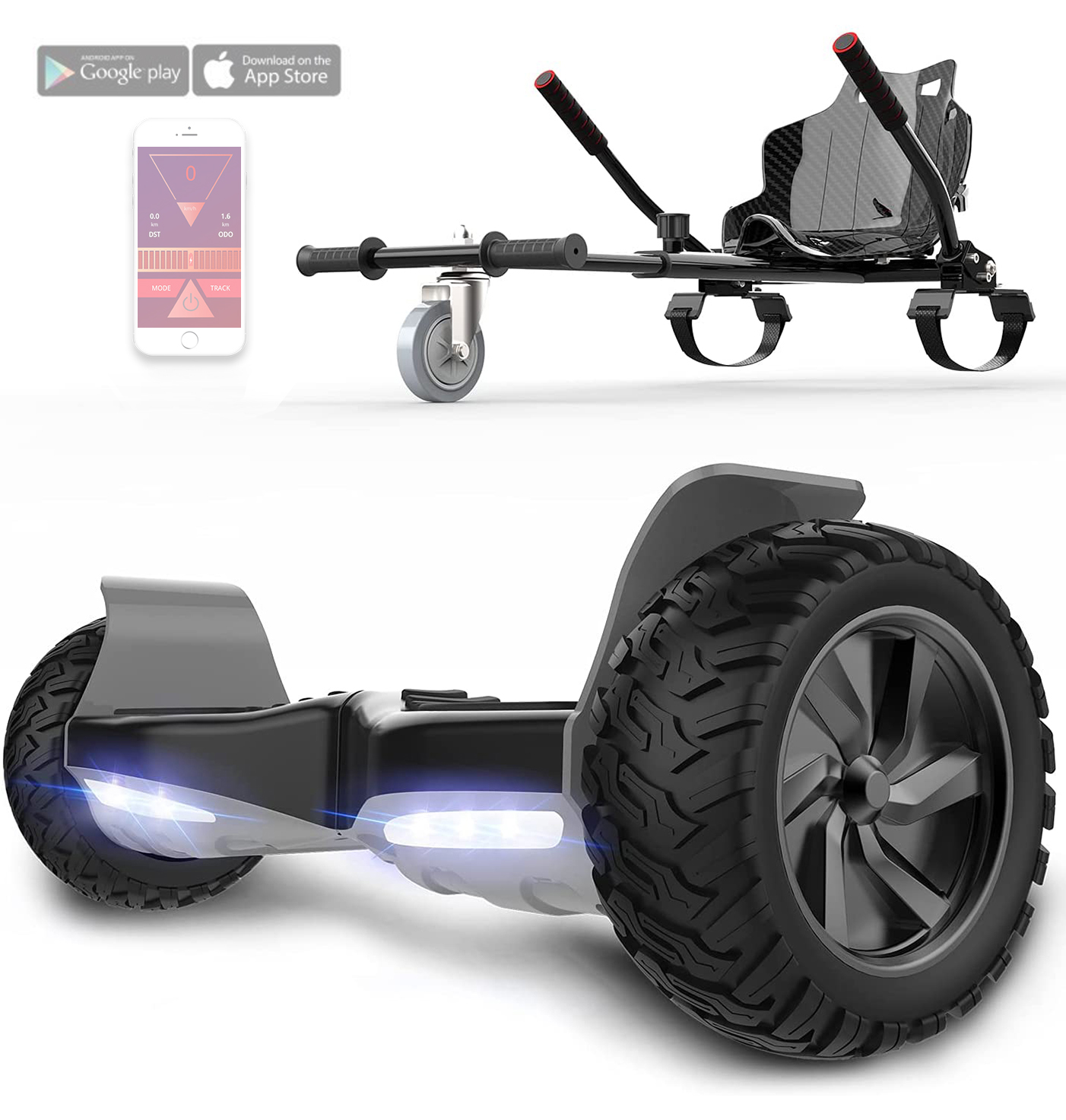 Hoverboard mit Sitzbefestigung und Telefon-App. Schwarzes und graues Hoverboard.