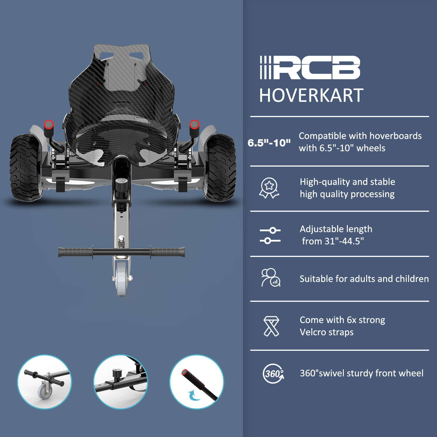Ein schwarzer Hoverkart mit silbernem Rahmen, Rädern und schwarzem Sitz, mit Text an der Seite.