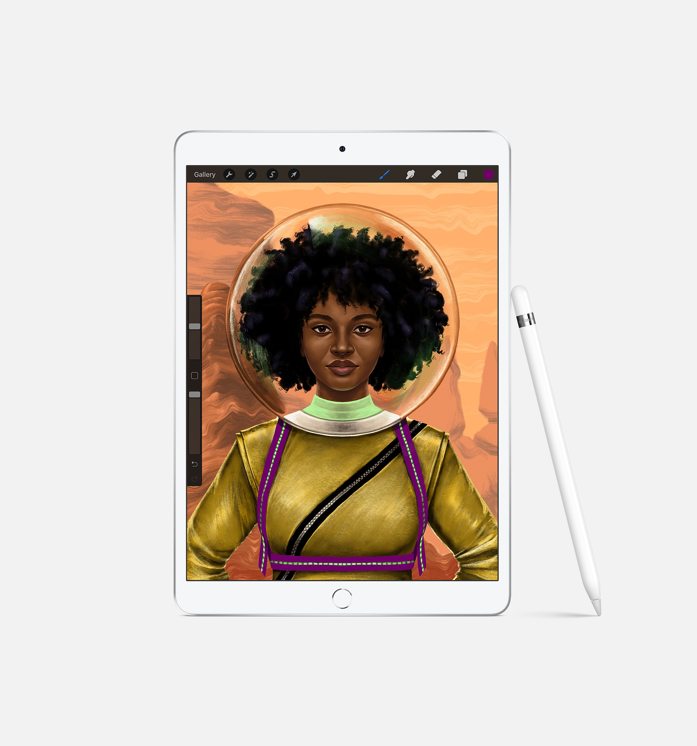 iPad mit Illustration einer schwarzen Frau im Raumanzug. Weißer Stift rechts.