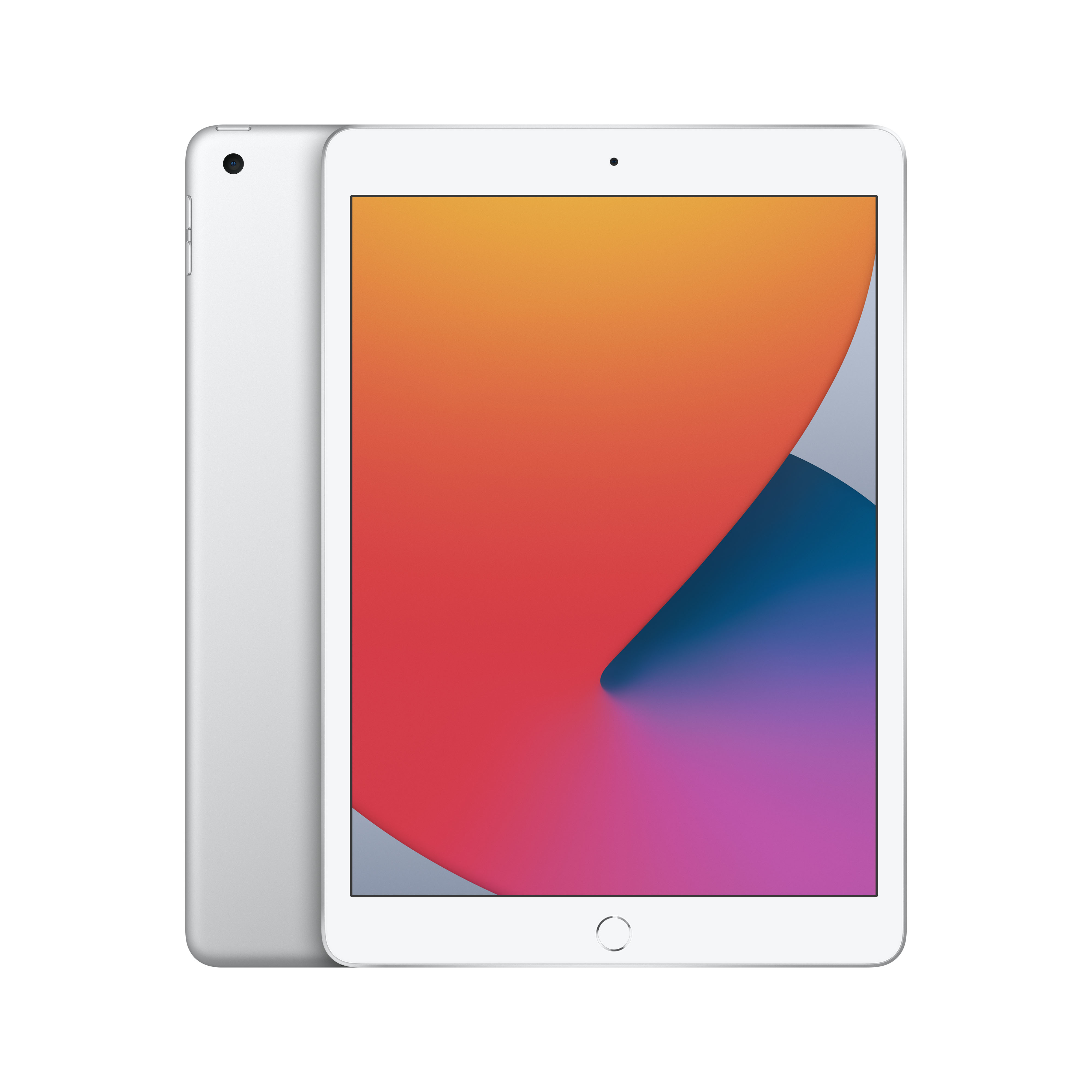 Een witte iPad met een kleurrijke achtergrond. De achterkant van de iPad is aan de linkerkant zichtbaar.