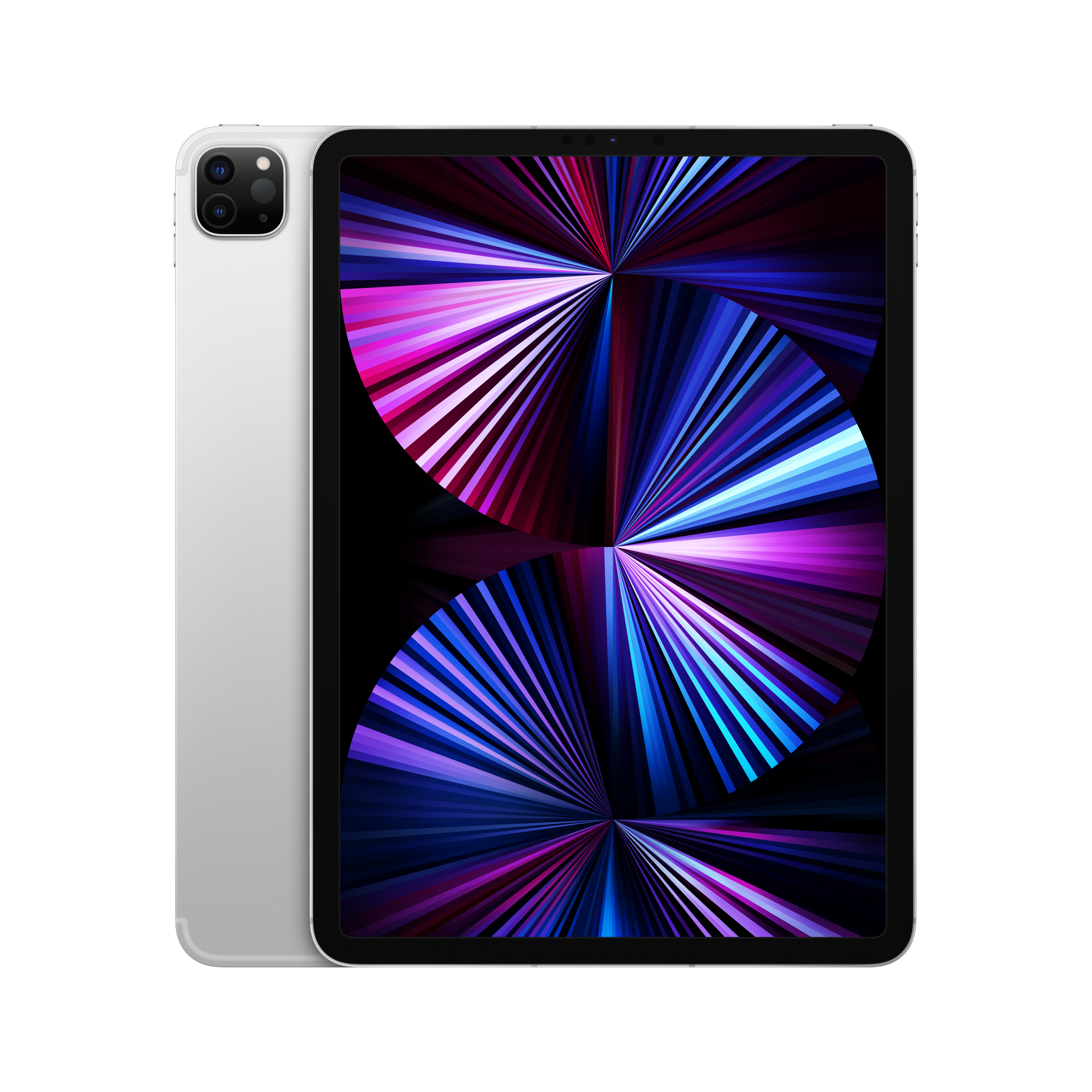 Zilveren iPad Pro met een kleurrijk scherm, schuin op een witte achtergrond.