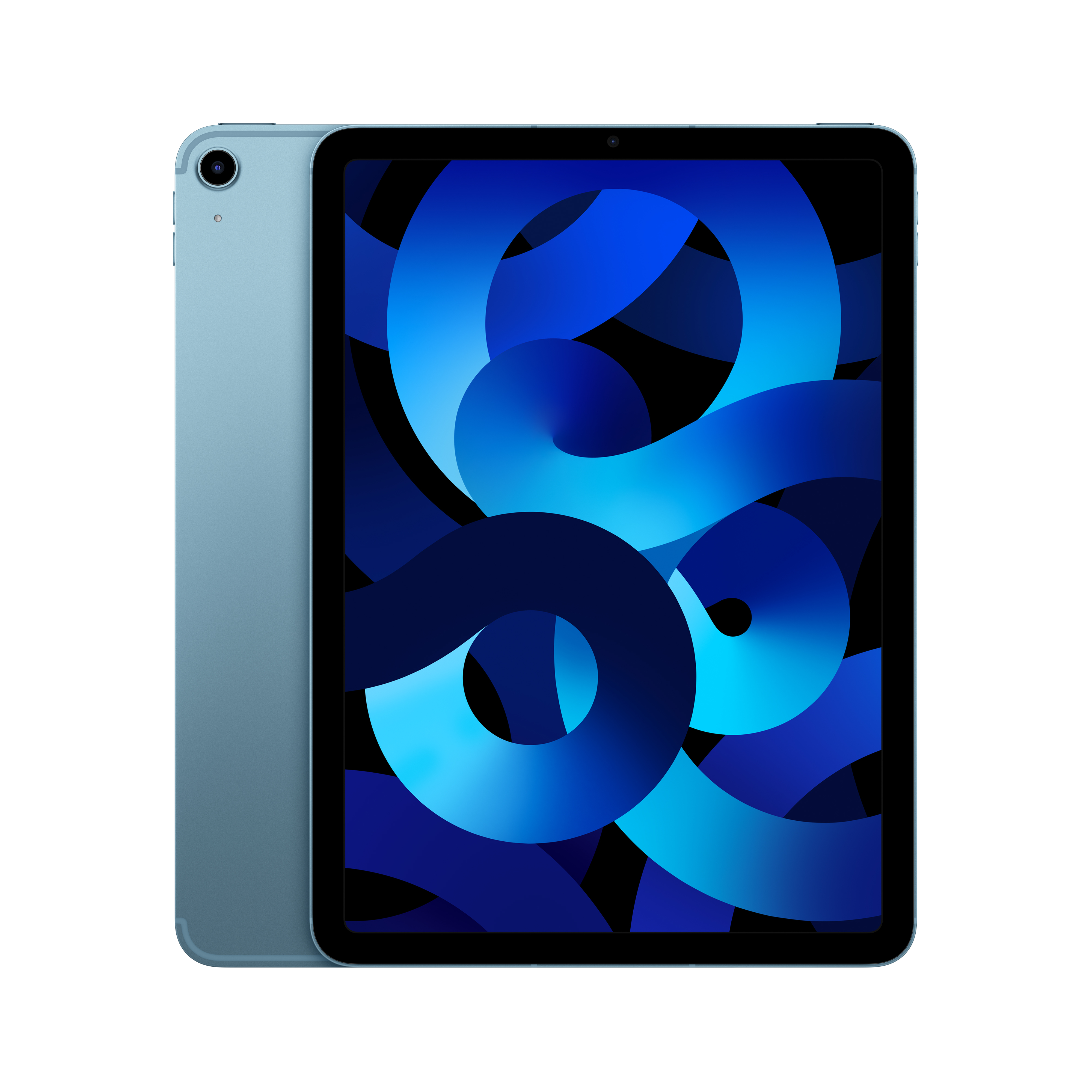 Een blauwe iPad Air, met een blauw en zwart abstract ontwerp op het scherm. Achterkant is ook blauw.