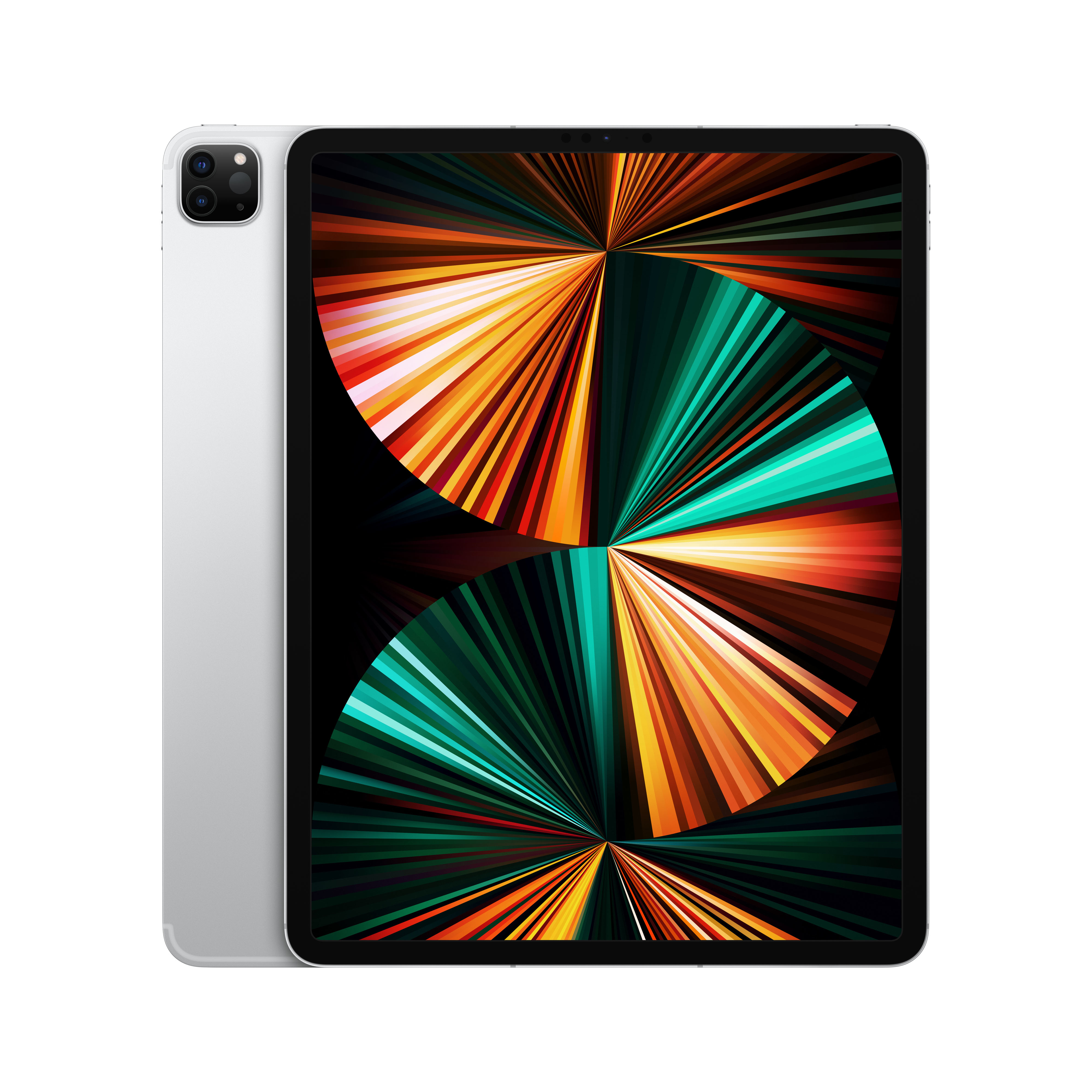 Un iPad Pro argentato, vista a due terzi, che mostra lo schermo e il retro. Sfondo bianco.