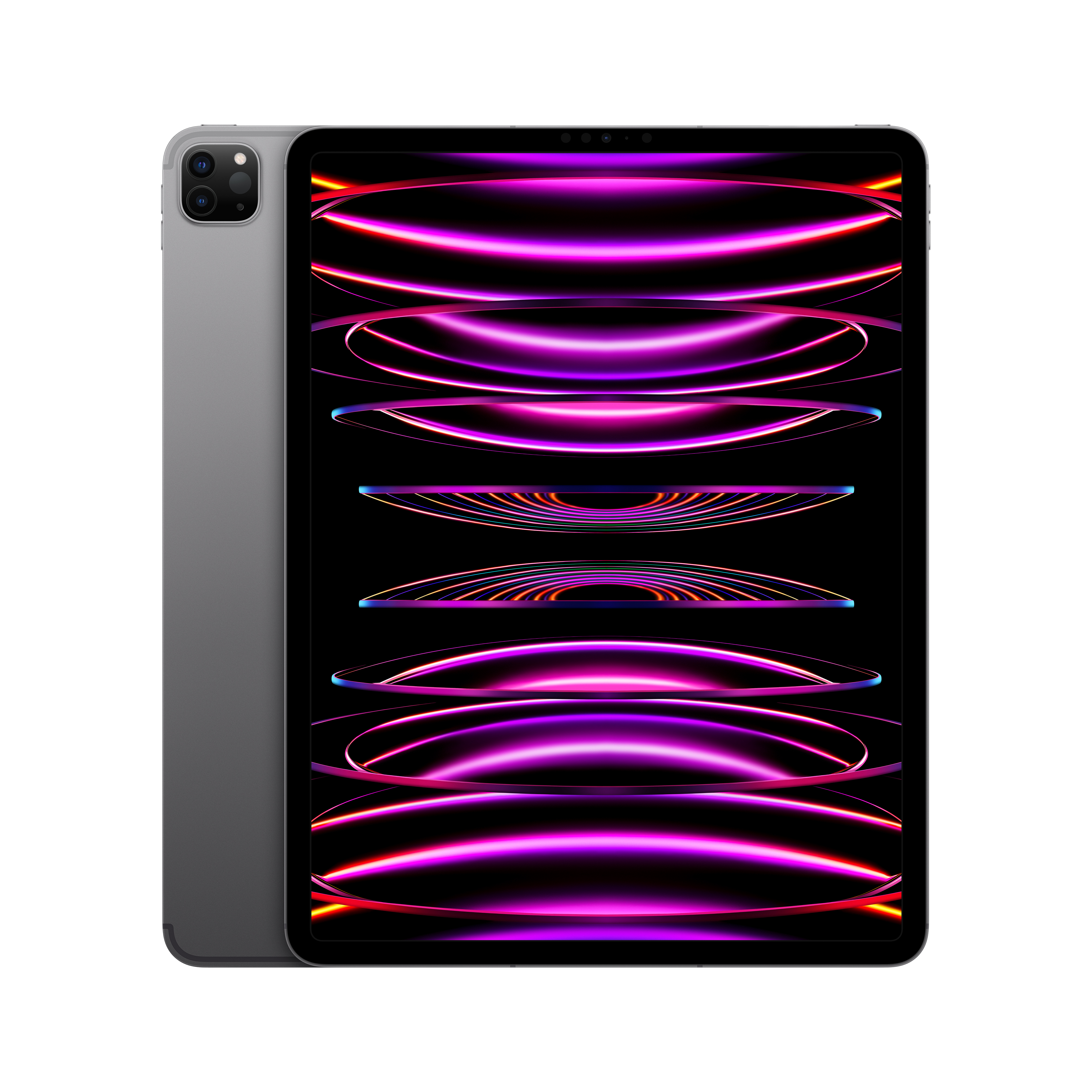 Ein graues iPad Pro, dessen Bildschirm ein farbenfrohes Design zeigt, und eine graue Rückseite.