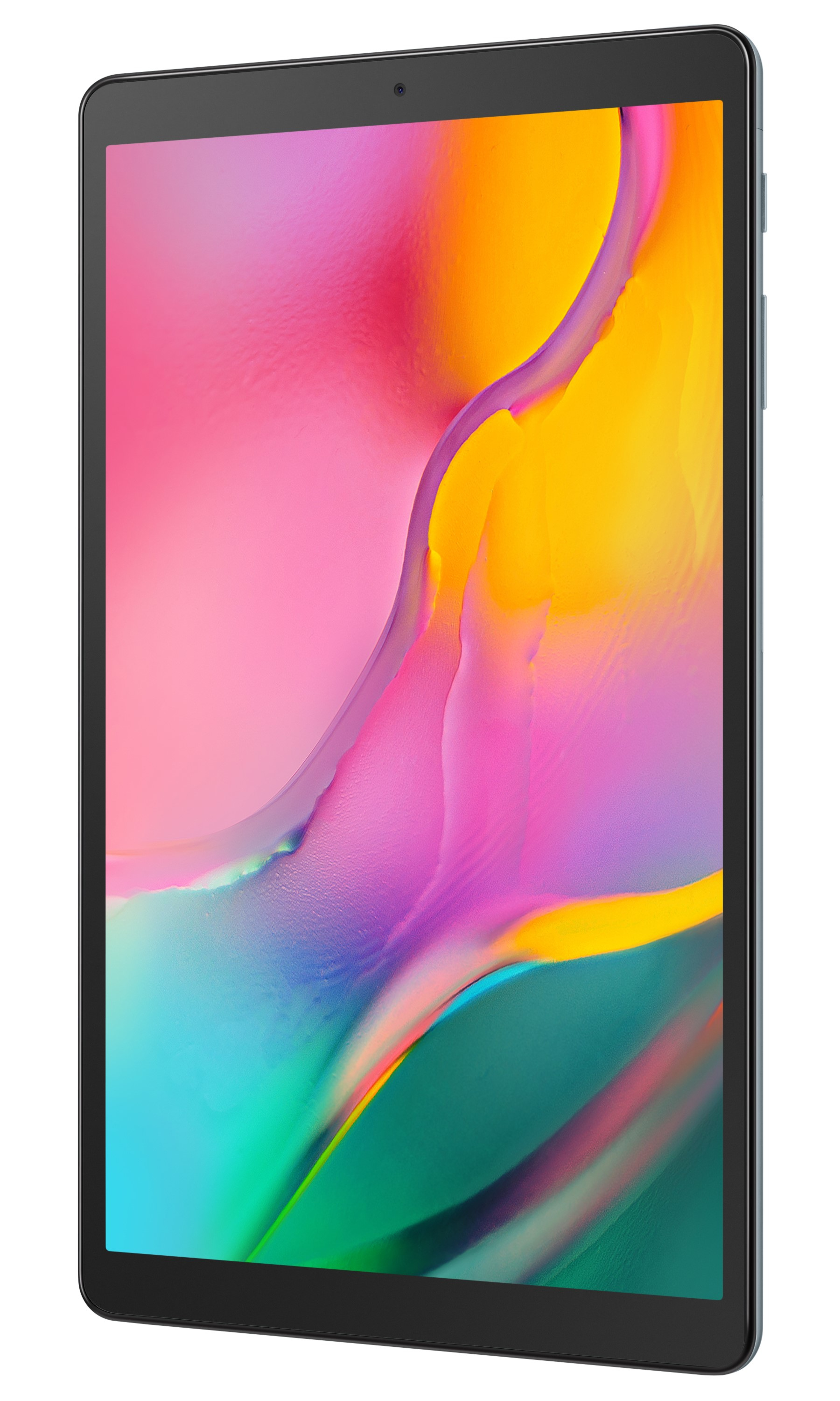 Ein Tablet mit farbenfrohem Bildschirm. Das Tablet ist blaugrün und nach rechts abgewinkelt.