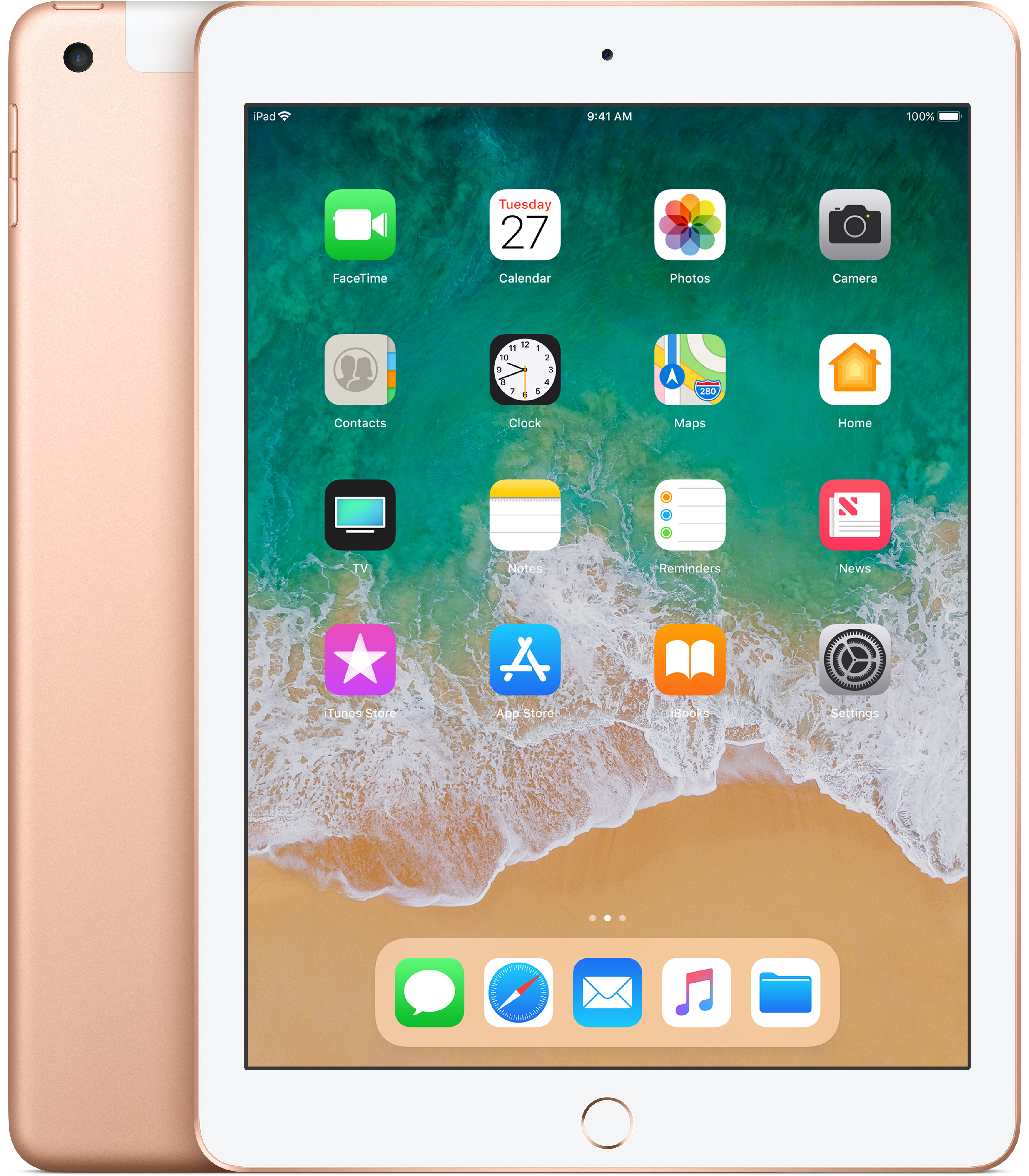 iPad, złoty kolor, na przednim ekranie z ikonami, pokazujący tył.