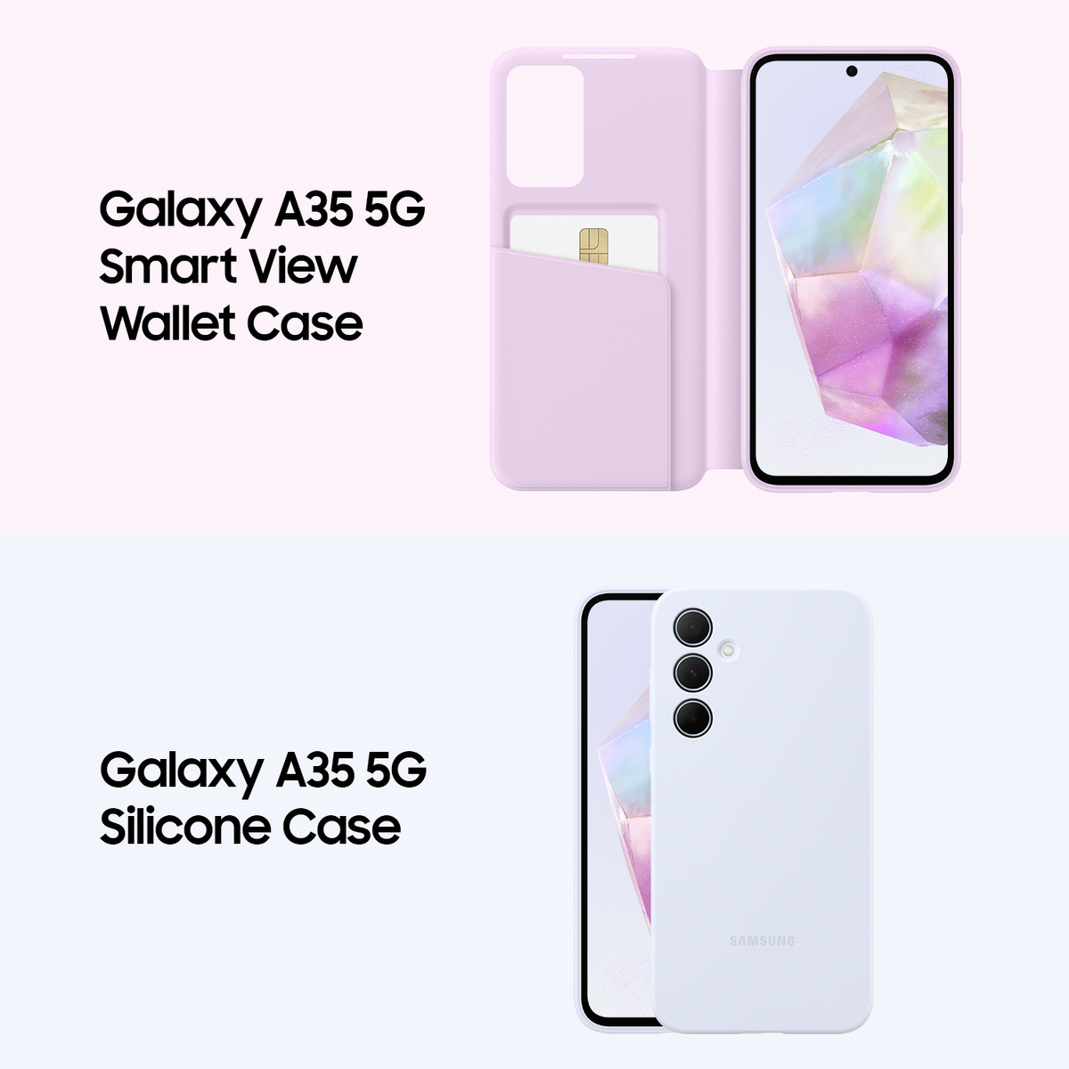 Dwa etui na telefon: fioletowy portfel i białe silikonowe etui. Tekst: Galaxy A35 5G Smart View Wallet Case i Silicone Case.