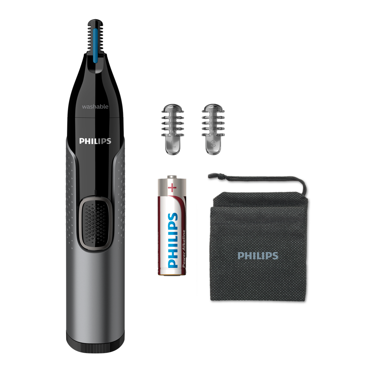 Trymer do włosów w nosie z akcesoriami. Srebrny i czarny trymer, baterie, woreczek i ostrza.