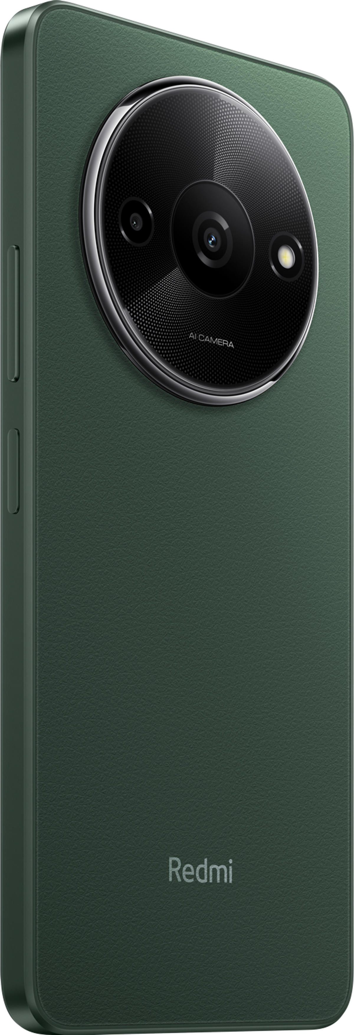 Ciemnozielony telefon z dużym obiektywem aparatu. Widoczne jest słowo „Redmi”.