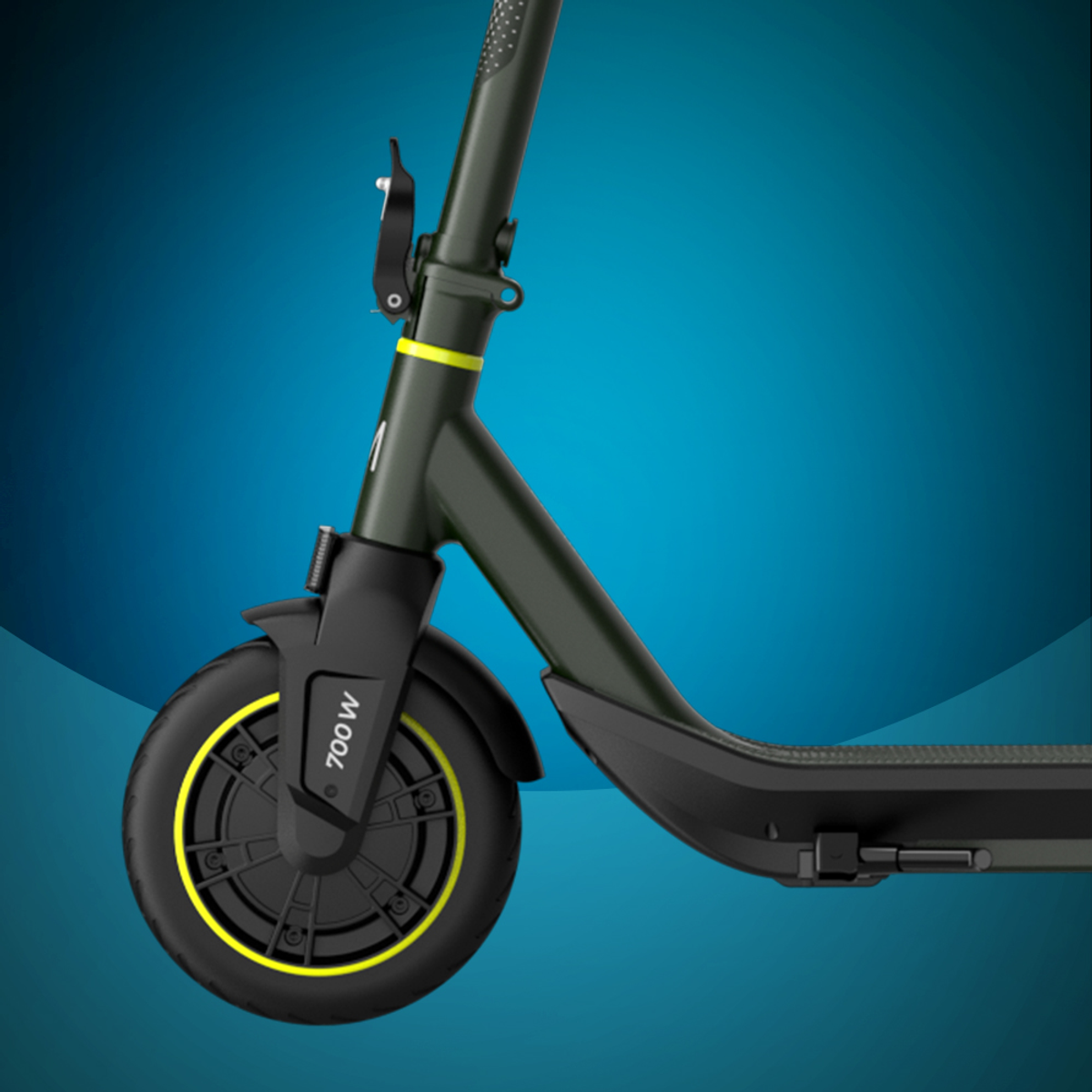 Un patinete eléctrico verde y negro, una rueda amarilla.