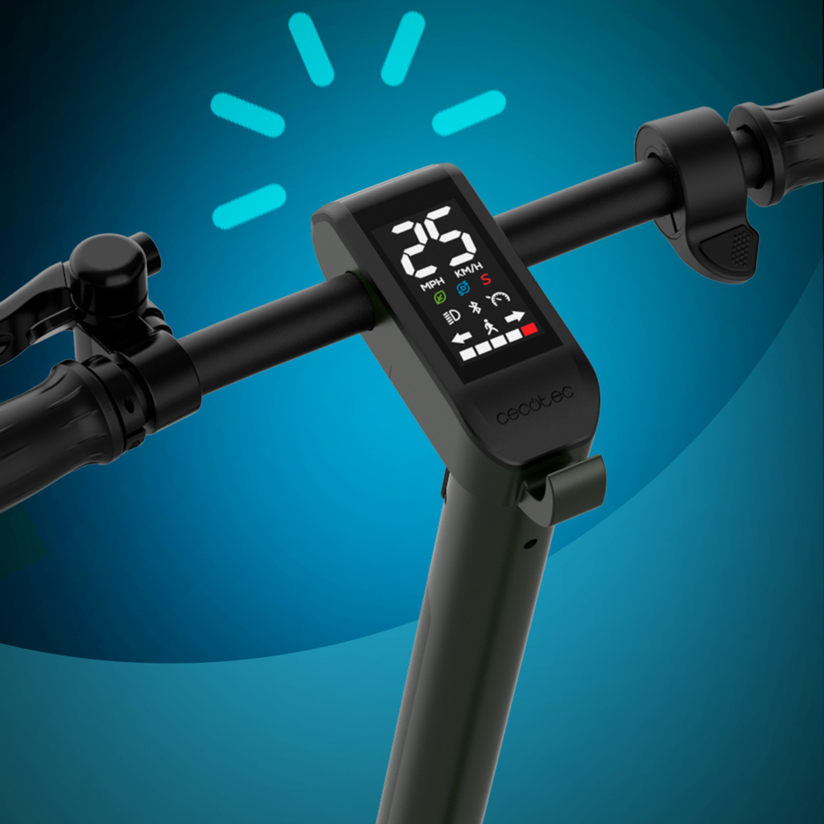 Pantalla del manillar del patinete mostrando velocidad, luces y batería. Efecto de luz azul en el fondo.