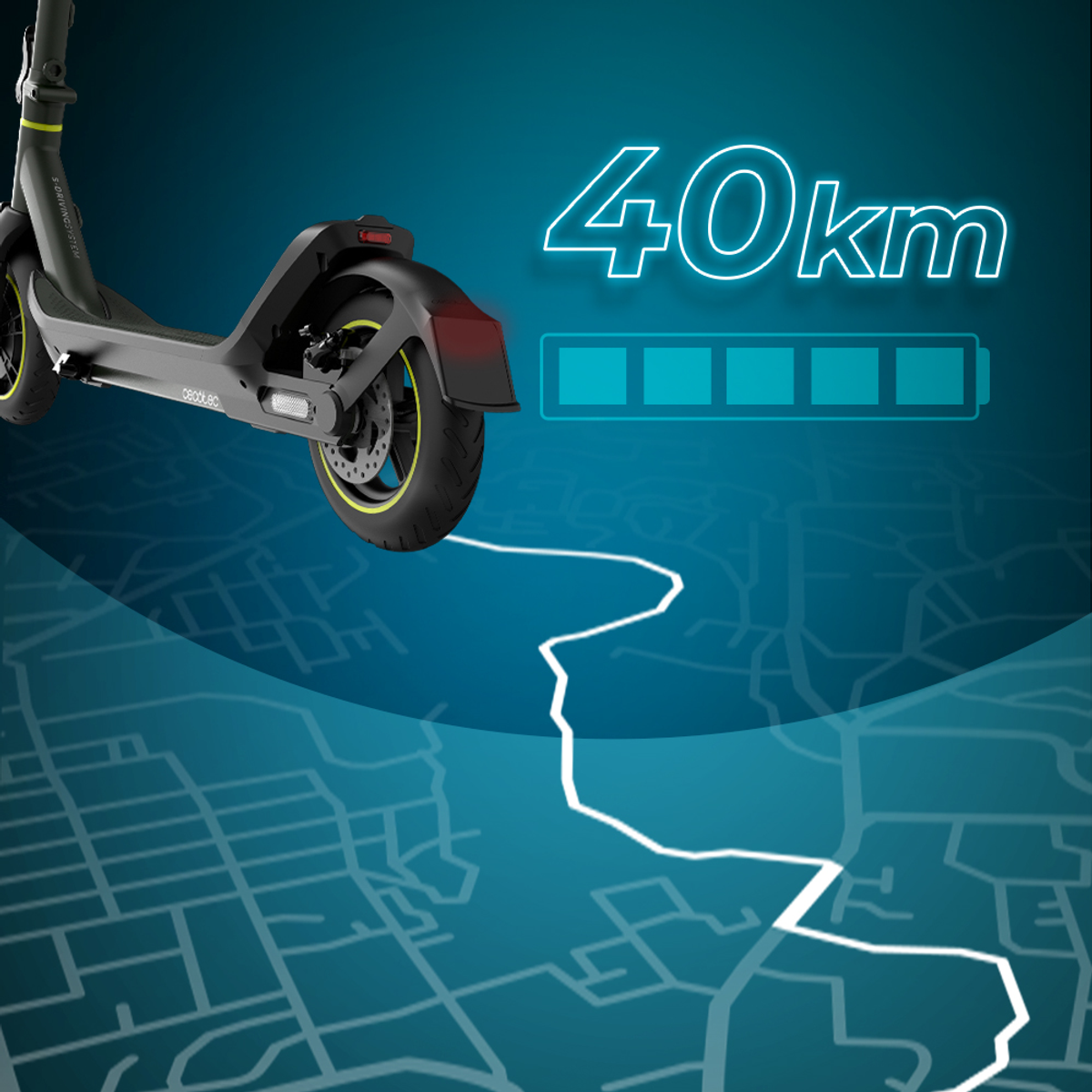 Patinete eléctrico sobre fondo de mapa azul con indicadores de batería y rango.