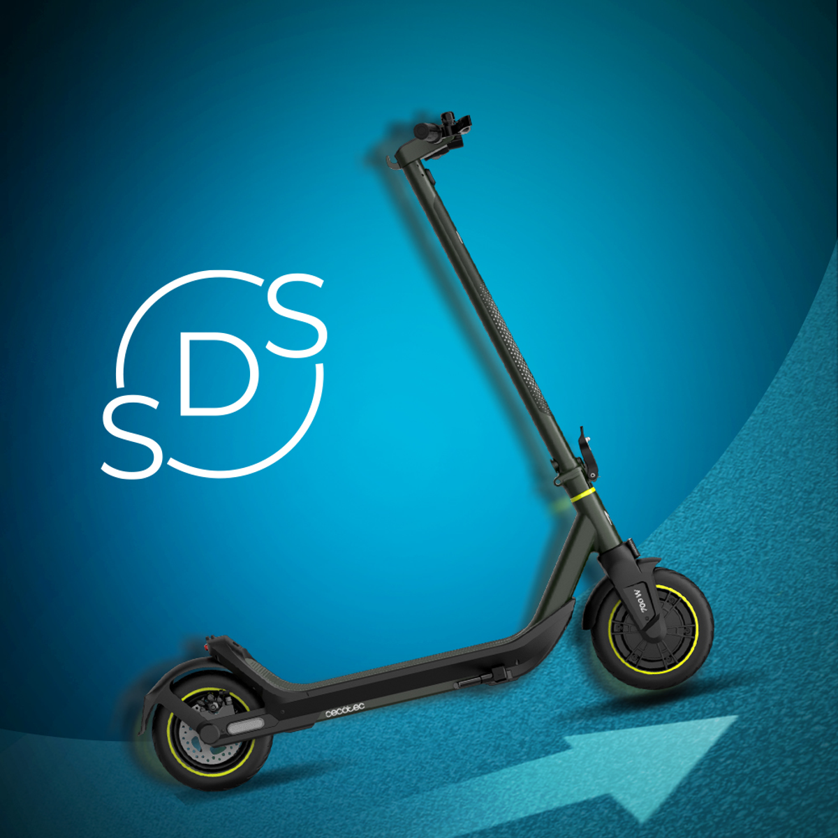 Scooter eléctrico con logotipo y fondo azul con gráfico de flecha hacia arriba.