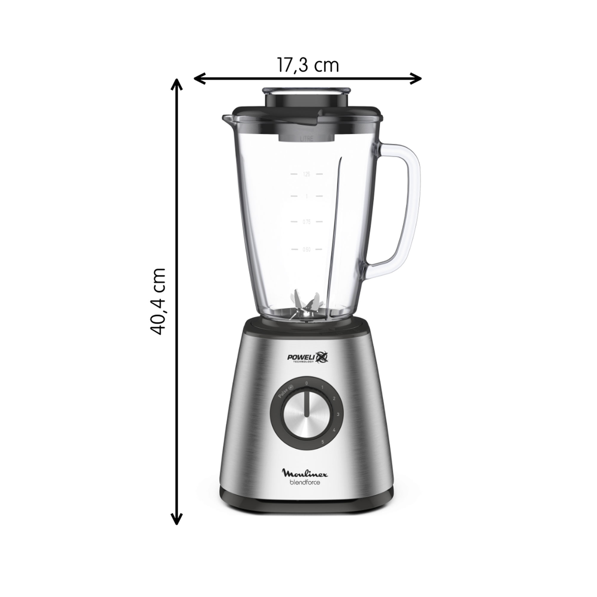 Edelstahl-Mixer mit Glasbehälter, schwarzem Deckel und Sockel. Maße: 40,4 cm hoch und 17,3 cm breit.