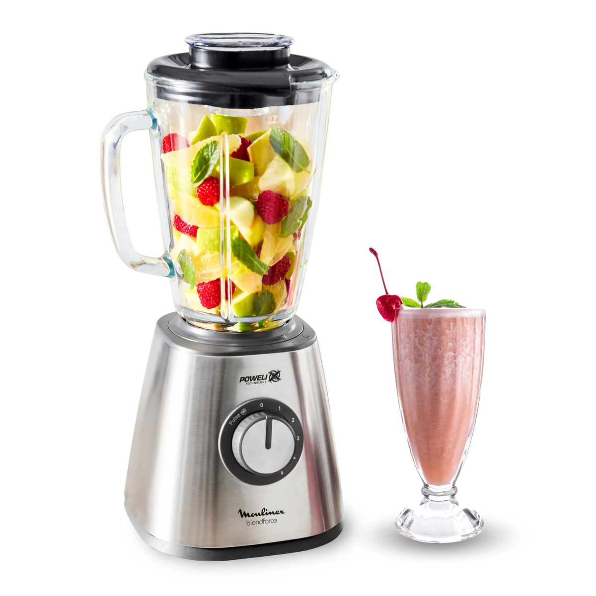 Mixer mit Früchten und Smoothie-Glas.