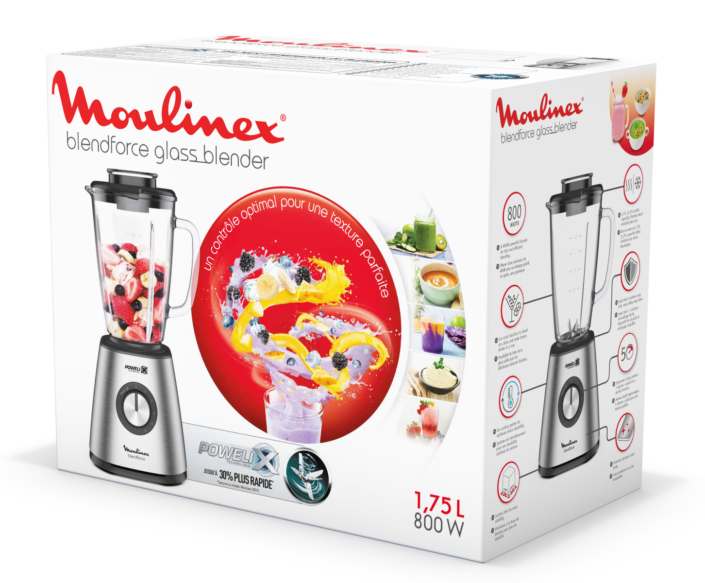 Moulinex-Mixerbox mit Mixer und Bildern von Getränken auf der Box.