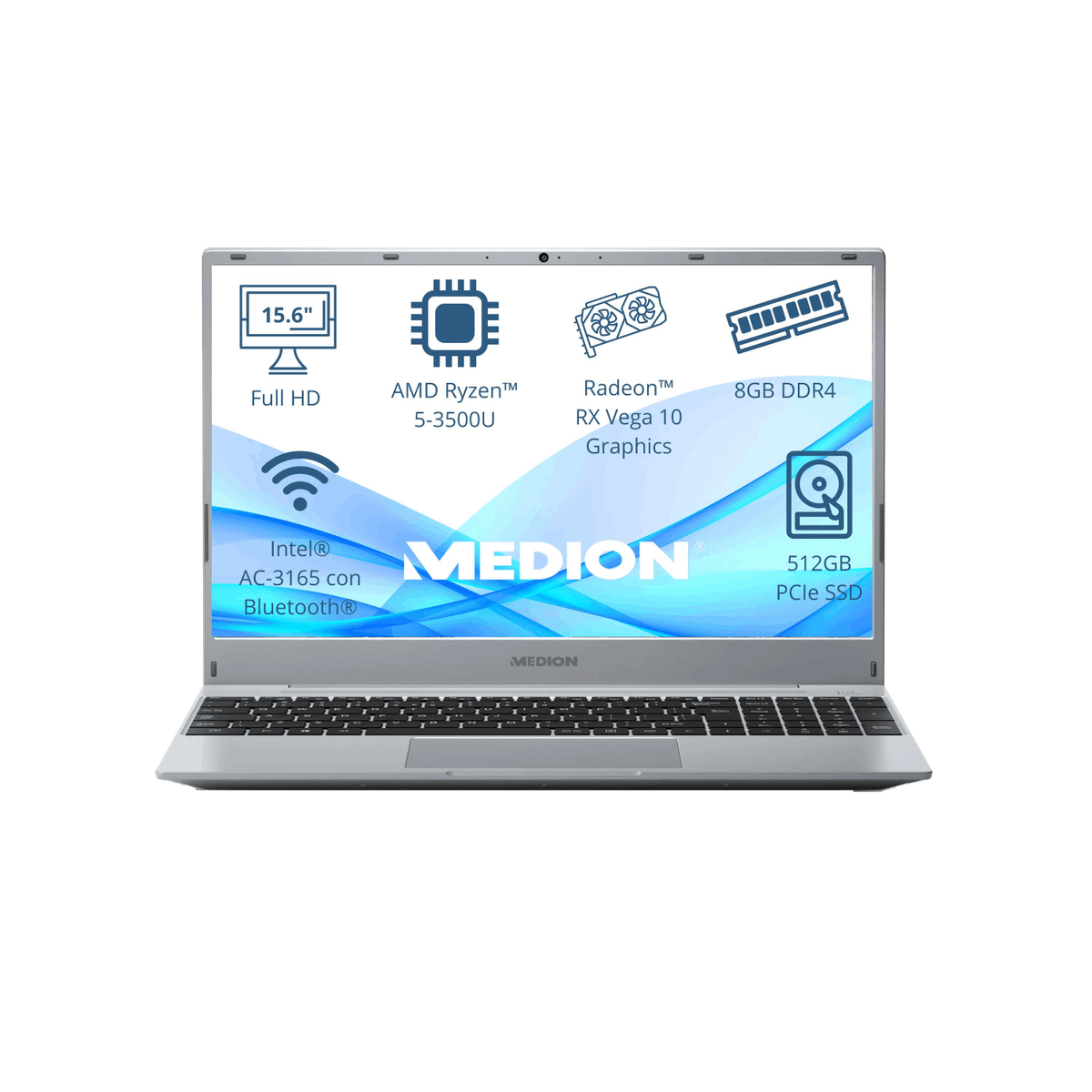 Portátil - MEDION AKOYA E15301 MD62428, 15,6 " Full-HD, Ryzen 5 3500, 8 GB RAM, 512 GB SSD, Radeon™ Onboard Graphics, FreeDOS (Sin sistema operativo)