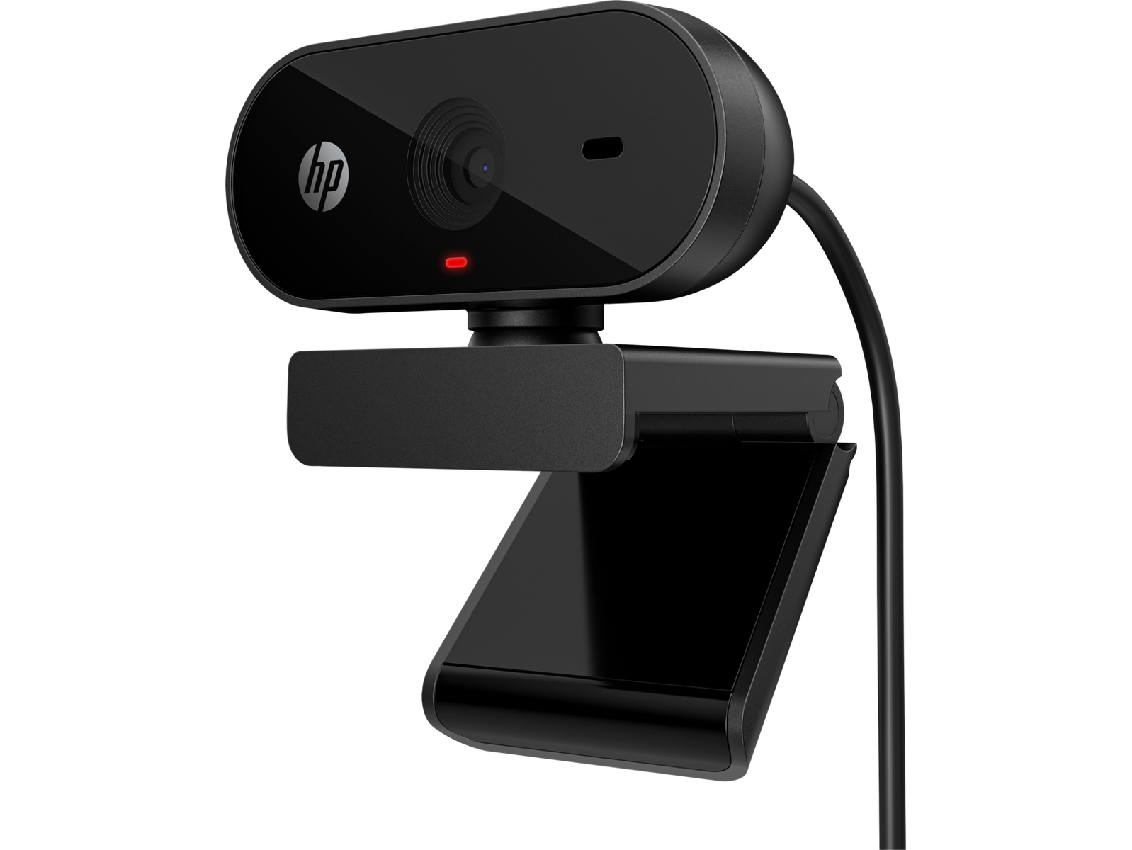 Schwarze Webcam mit dem HP-Logo. Die Webcam steht auf einem schwarzen Ständer. Auf schwarzem Hintergrund isoliert.