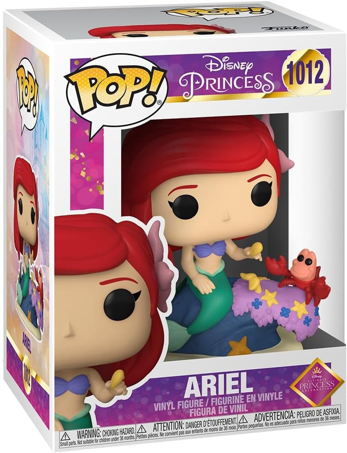 Figura de Ariel Funko Pop en caja. La figura es de Ariel, de La Sirenita, con un cangrejo.